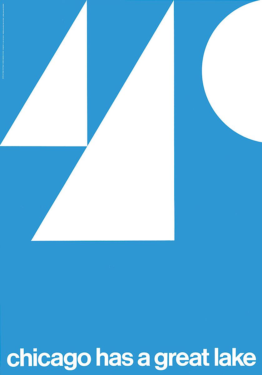 Blue graphic with white geometric shapes, including triangles and a partial circle, representing sails. Text below reads "chicago has a great lake."