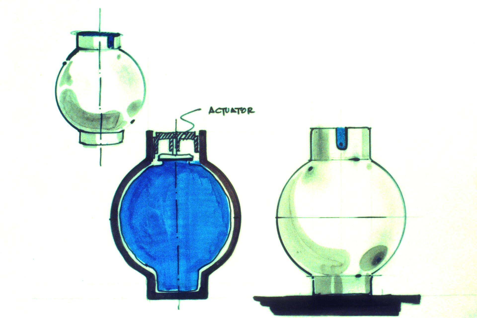 Technical drawing of a spherical object with cross-sectional view highlighting internal components, including a blue section labeled "actuator." The design shows three aspects: front, side, and interior view.