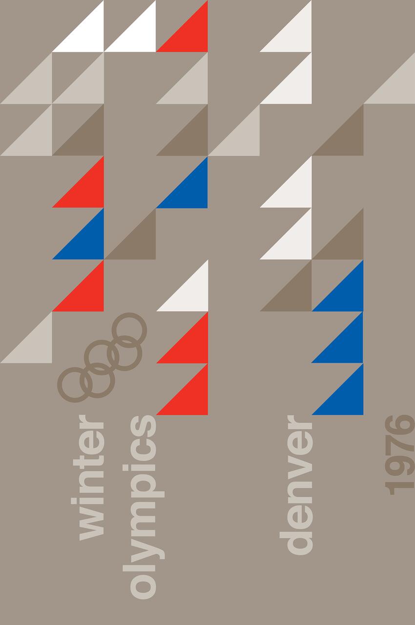 Geometric winter Olympics design with triangles in white, red, blue, and brown against a gray background. Text reads "Winter Olympics Denver 1976" with Olympic rings.