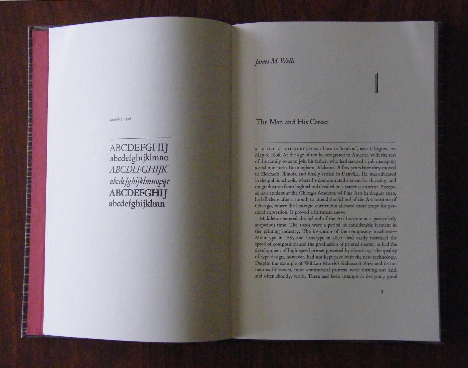 Open book showing two pages. Left page features a typeface sample with uppercase and lowercase letters in different styles. Right page has the header "James M. Wells" and begins a text titled "The Man and His Career" with a short paragraph about R. Hunter Middleton.