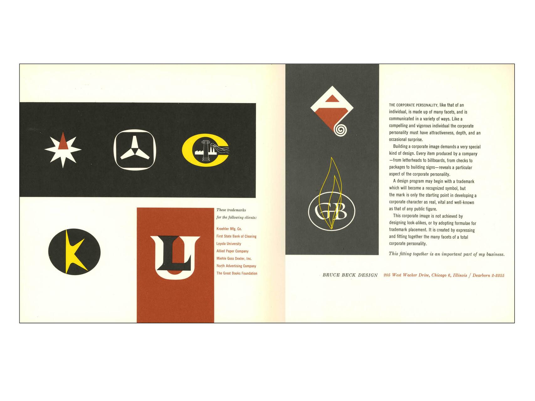 A collage of diverse logos on a split black and white background, featuring shapes like stars and circles. Text on the right discusses corporate branding and design elements.