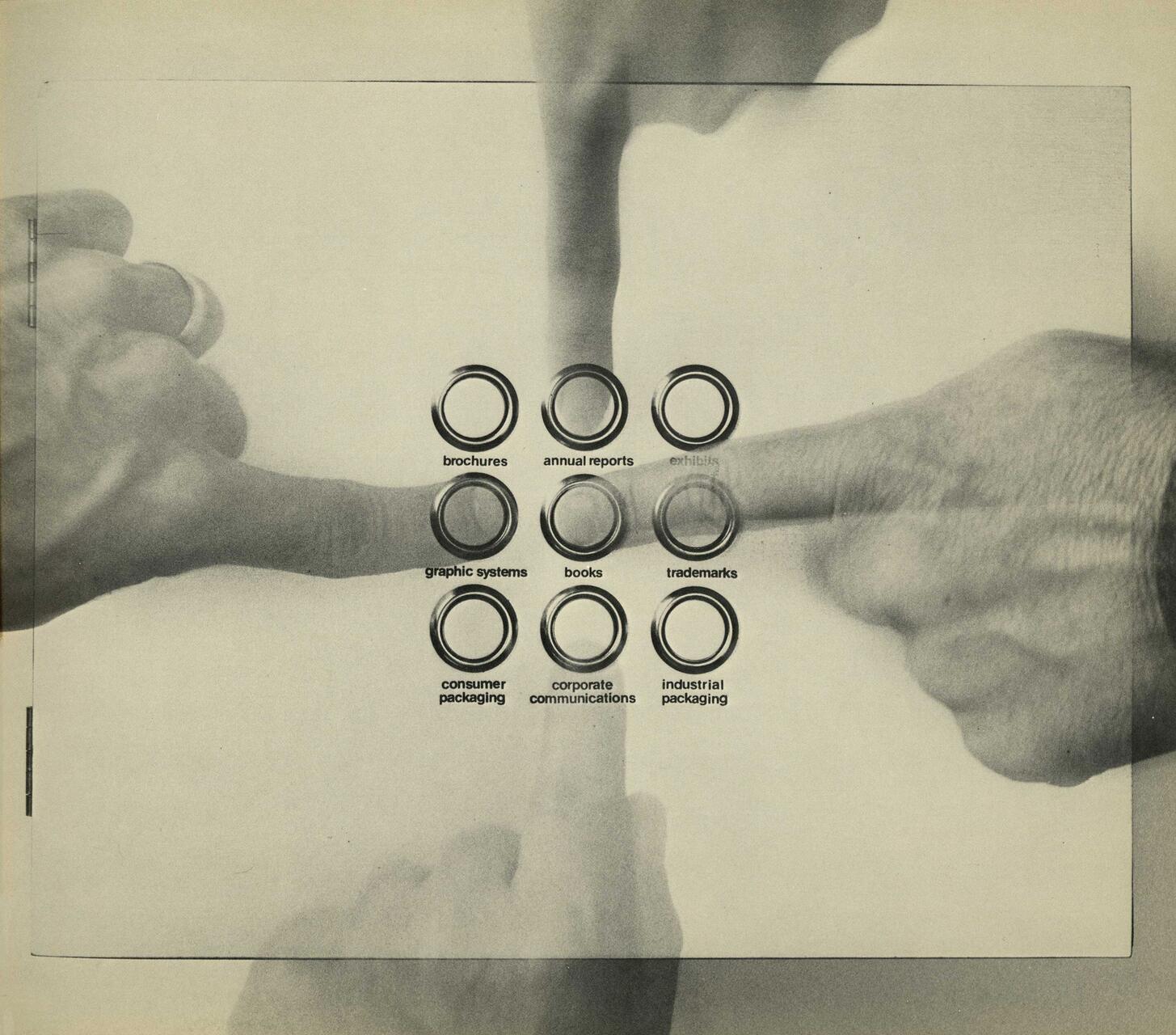 Fingers pointing toward overlapping circles labeled with design-related services, including brochures, annual reports, and trademarks. Monochromatic with a vintage aesthetic.