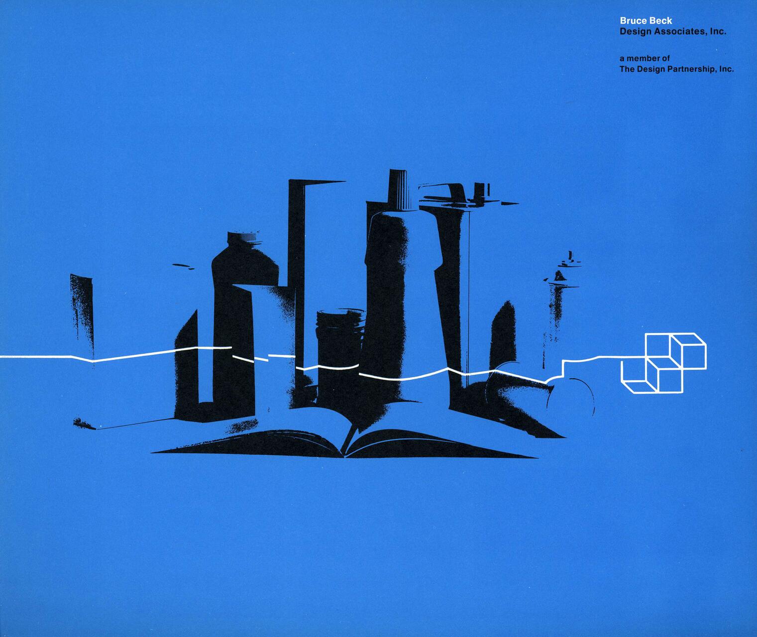 Abstract graphic design on a blue background with black geometric shapes resembling buildings, a white wavy line running horizontally, and white cubic designs on the right side.