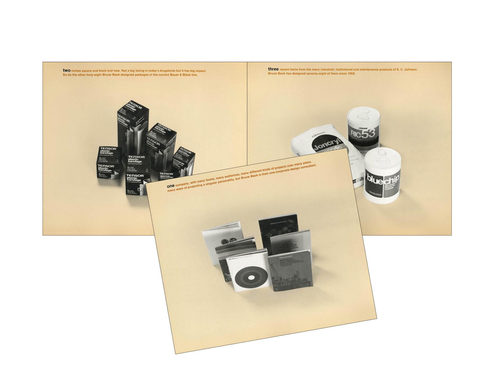 Three overlapping photographs showing packaged consumer products, vintage style. One photo displays Tensor bandage boxes, another shows SC Johnson products, and the last features open books with various designs. Beige background and text accents.