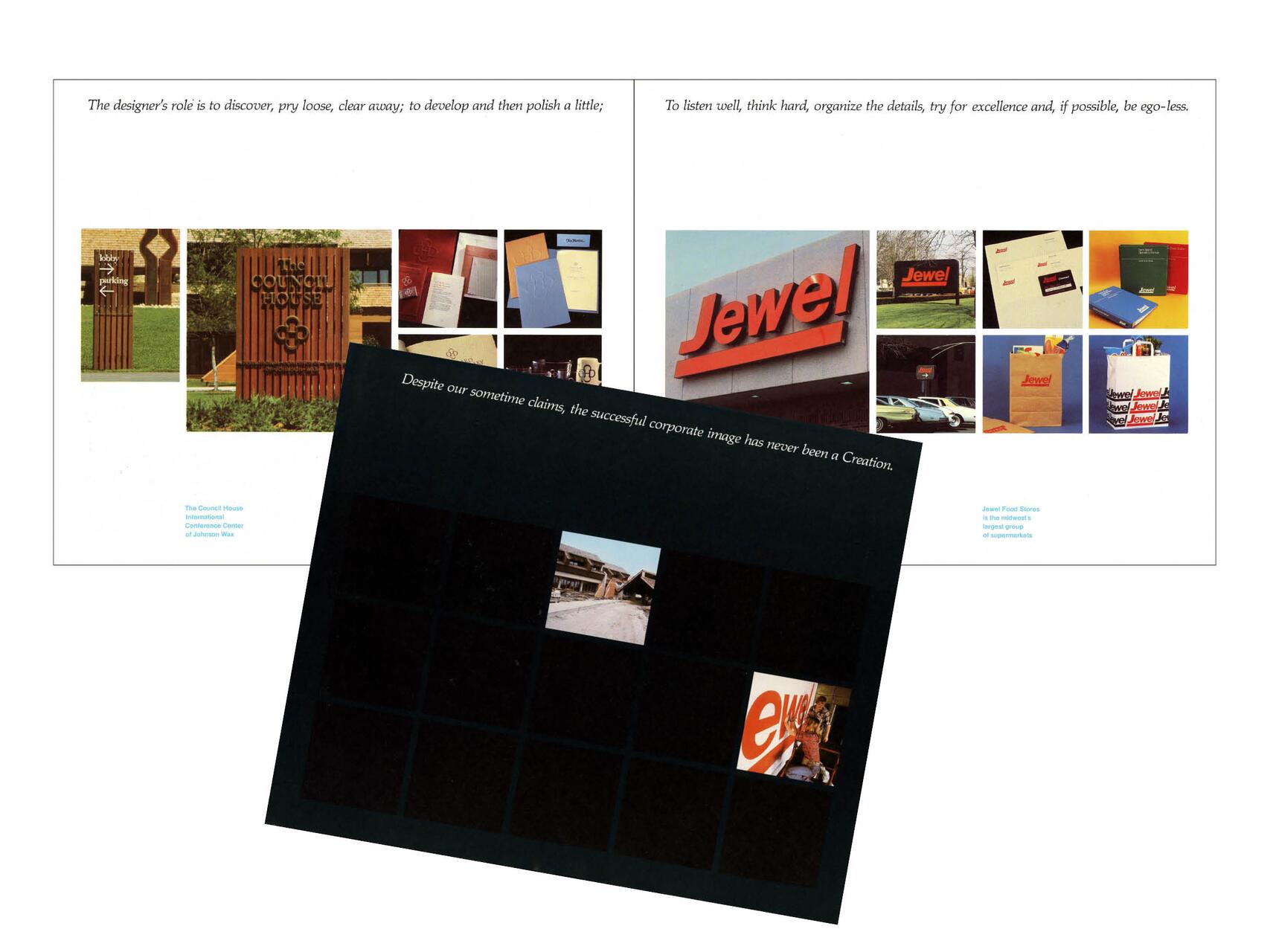 Collage of corporate design images for a conference center and a supermarket. The first shows signs and stationery, the second features 'Jewel' branding on signs and bags. A smaller overlapping graphic has dark squares with partial logo views.