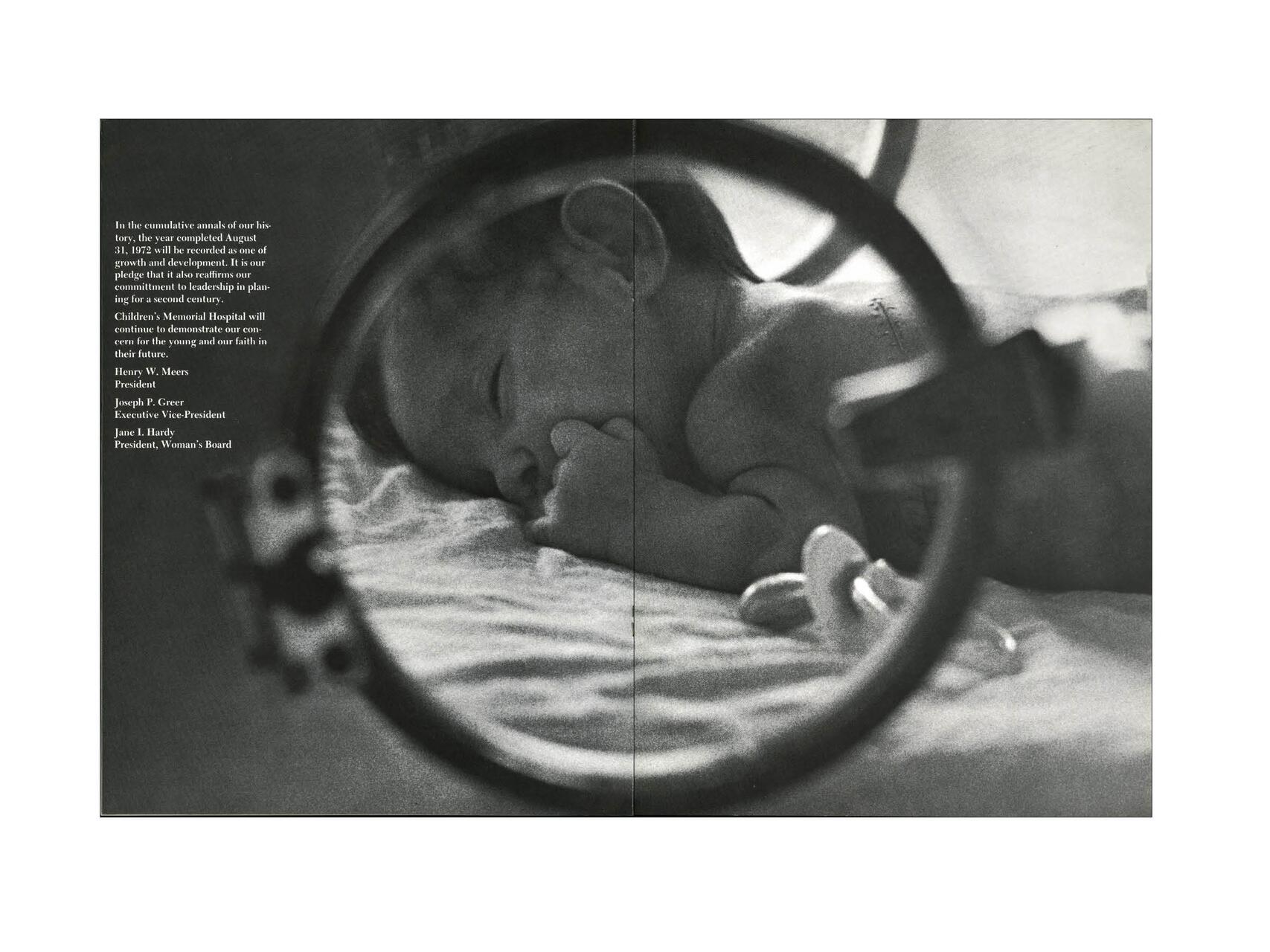 Newborn baby lying on its side in an incubator, pacifier nearby, with a calm expression. Black and white photograph with text on the left side.