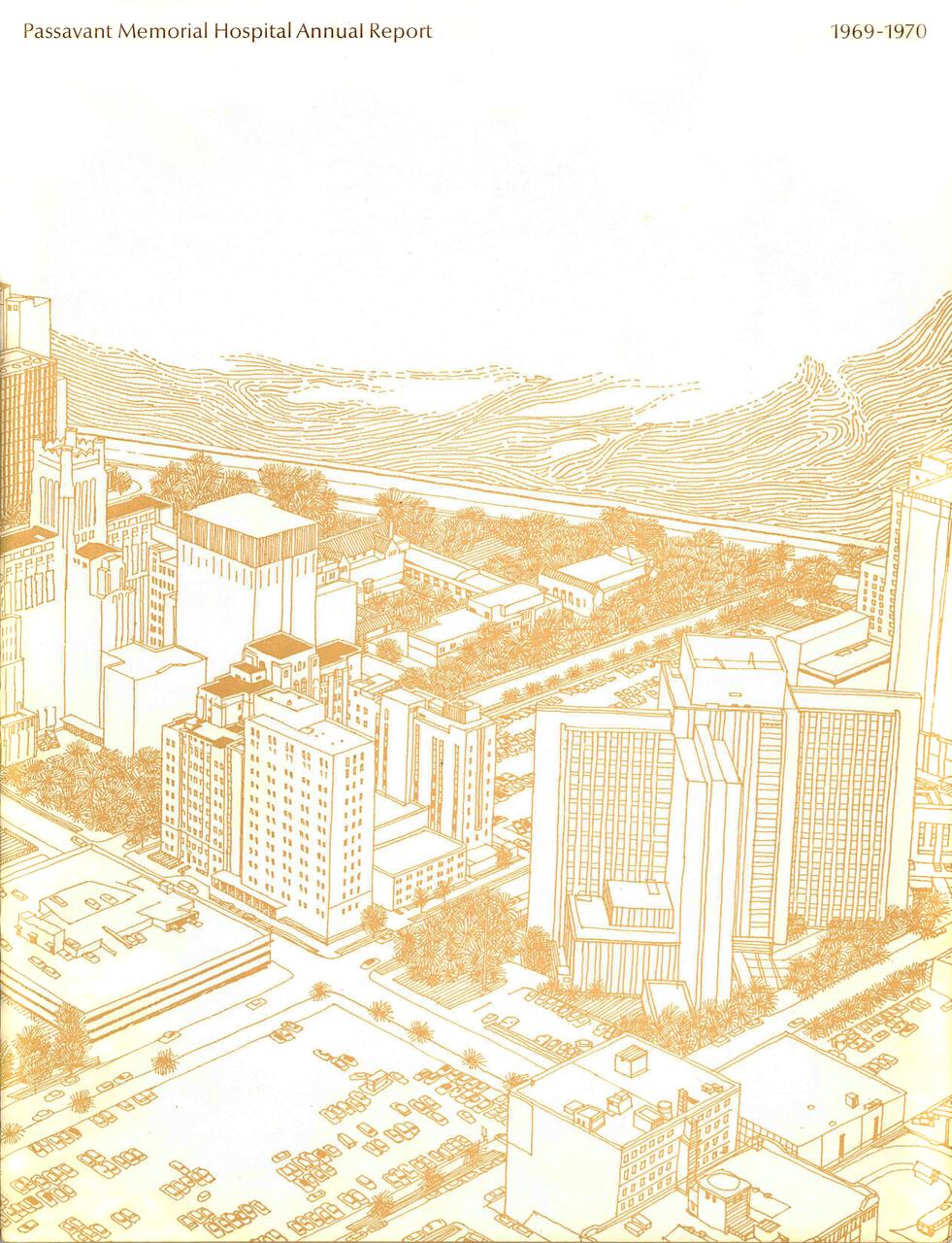Architectural illustration of a cityscape, featuring tall buildings, trees, and parked cars in an urban setting. The drawing is done in sepia tones, suggesting a vintage or historical context.