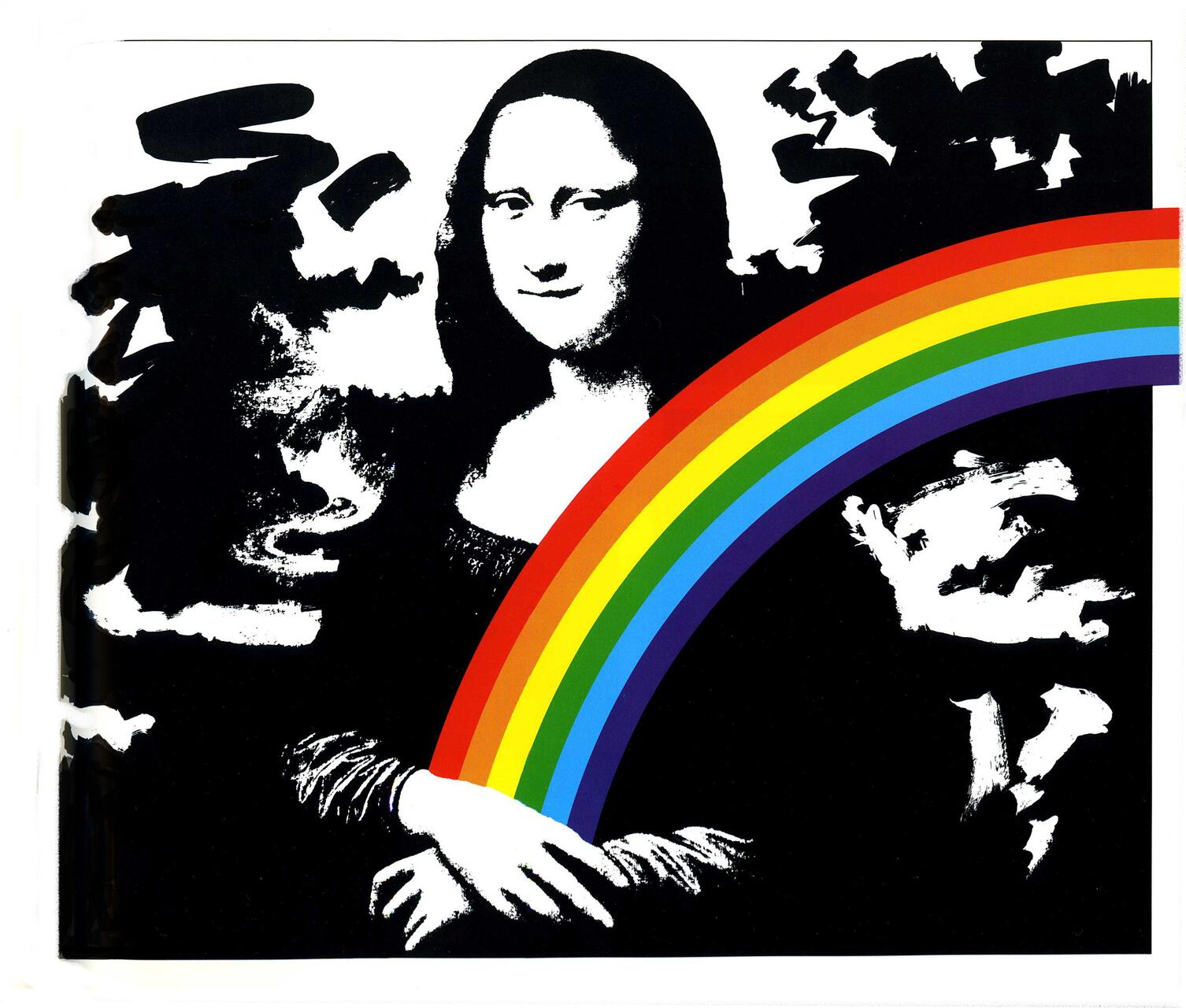 Mona Lisa stylized in black and white with a bright rainbow arc crossing the image diagonally.