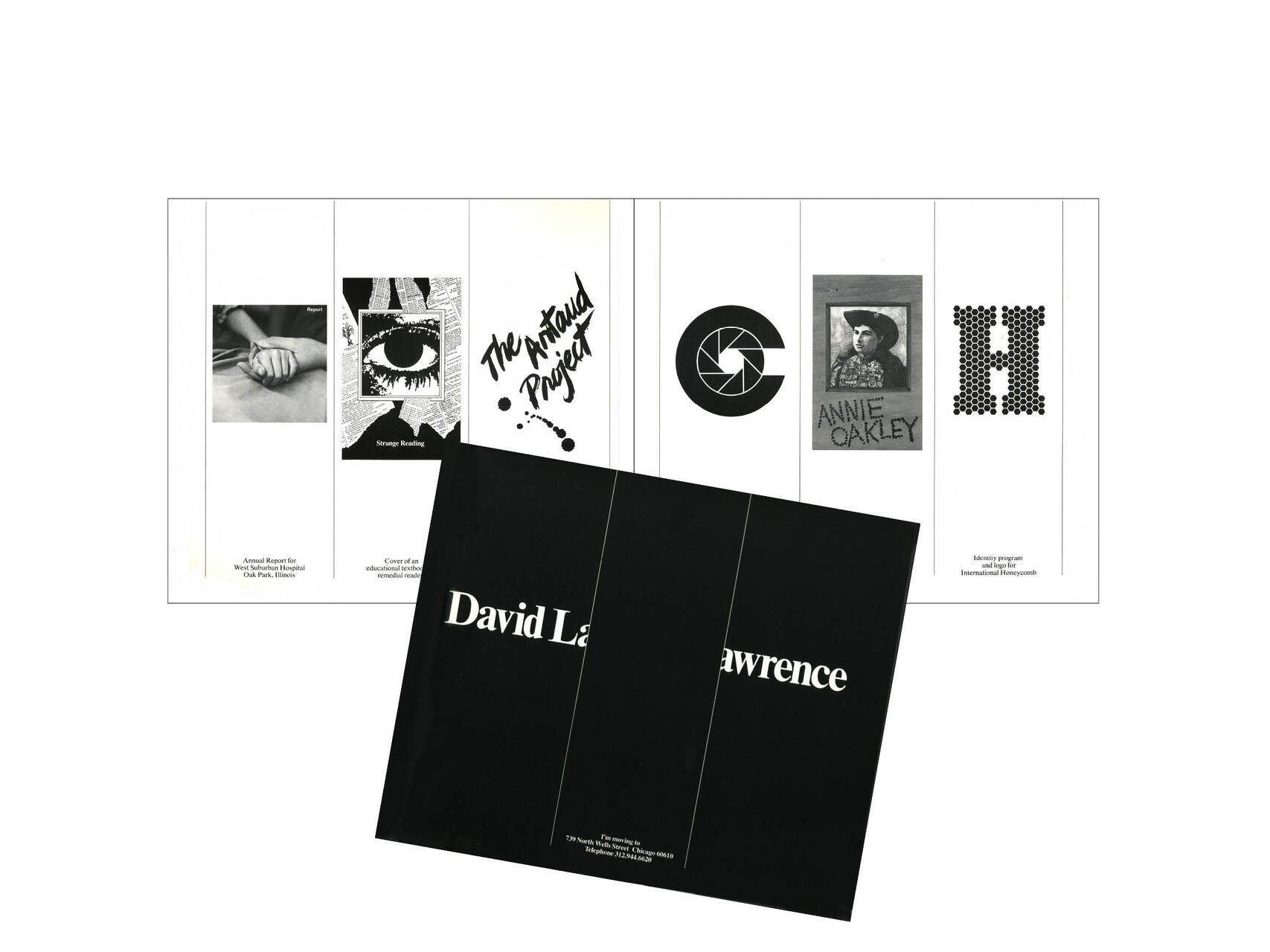 Brochure with black and white design featuring a collage of images and text, including a photograph of hands, an eye illustration, text "The Artaud Project," and a portrait labeled "Annie Oakley." Black cover with white text "David Lawrence."