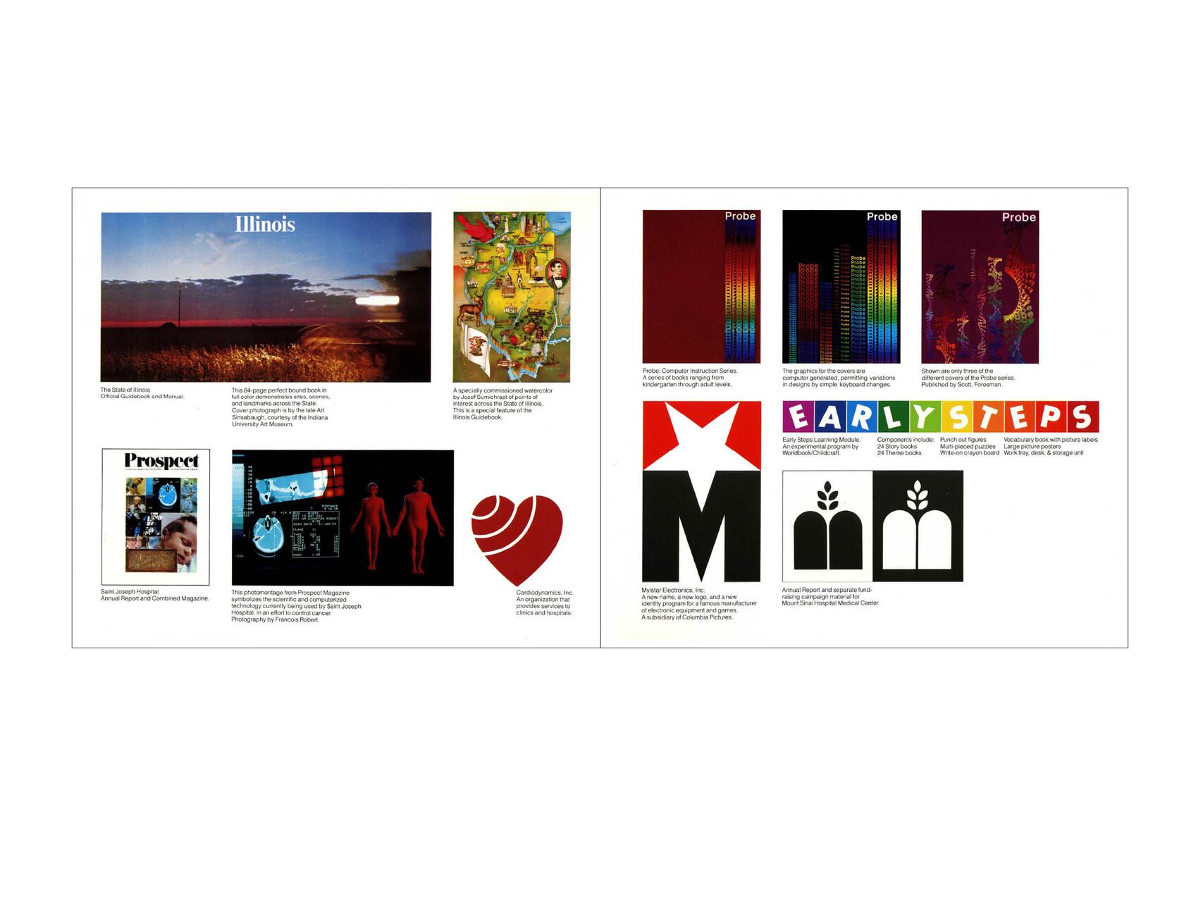 A collage of various graphics and logos, including a sunset landscape with "Illinois," a colorful state map, a red heart, human silhouettes, and several vibrant abstract designs labeled "Probe" and "Early Steps" with colorful letters.
