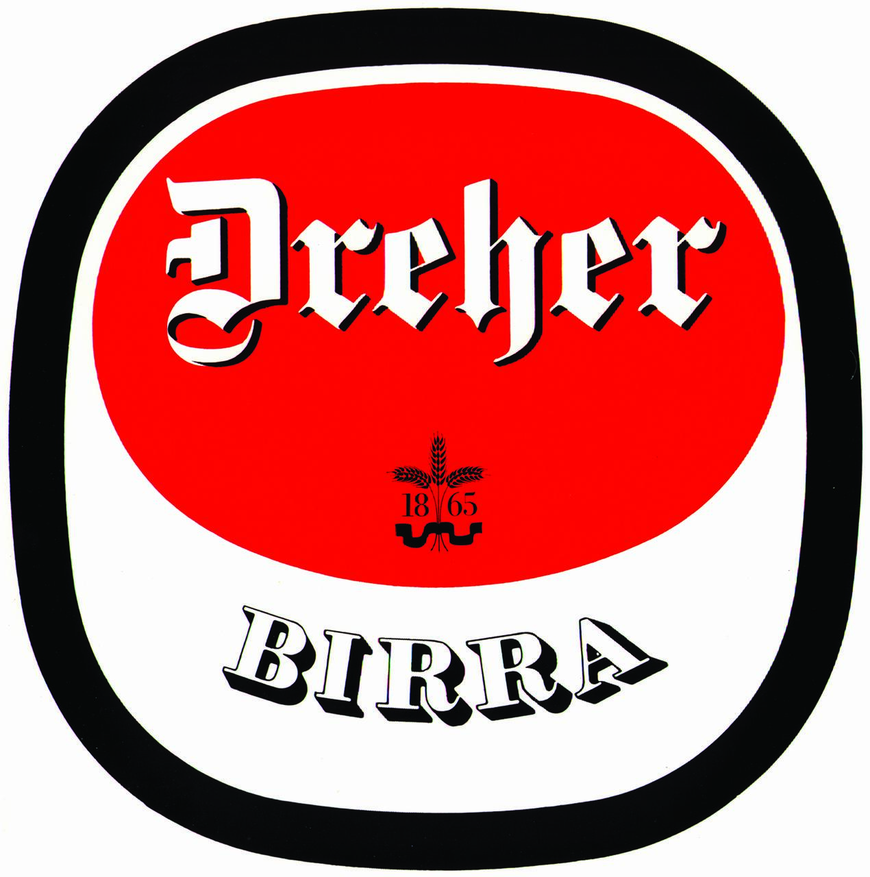Dreher beer logo with red oval background, black and white text, and a small emblem featuring a barley stalk and the year 1865.