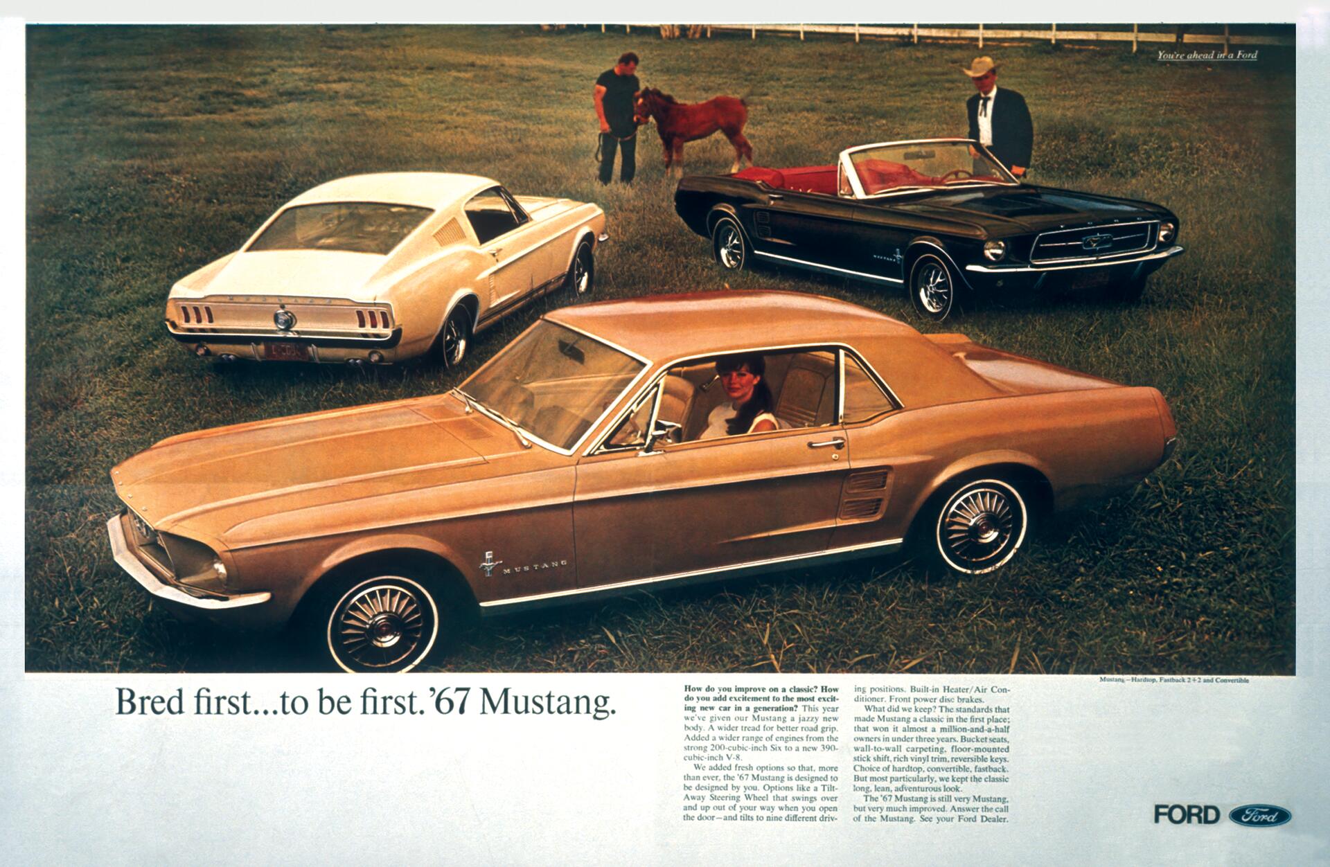 1967 Ford Mustang advertisement featuring two coupes and a convertible in a field. Two people interact with a horse in the background.