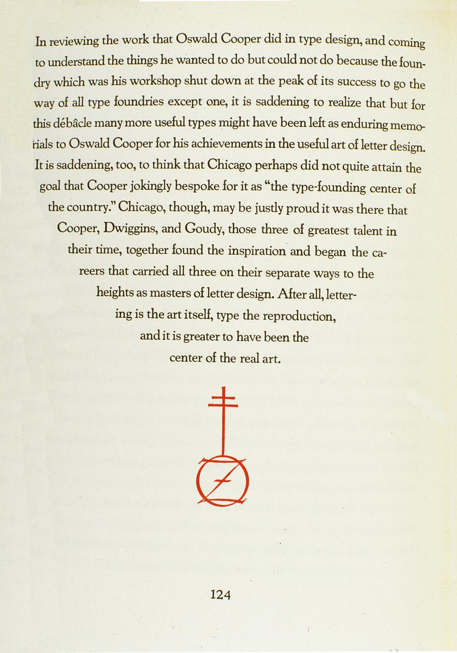 Text page discussing Oswald Cooper's contributions to type design, with an orange geometric symbol below the text and the page number 124.