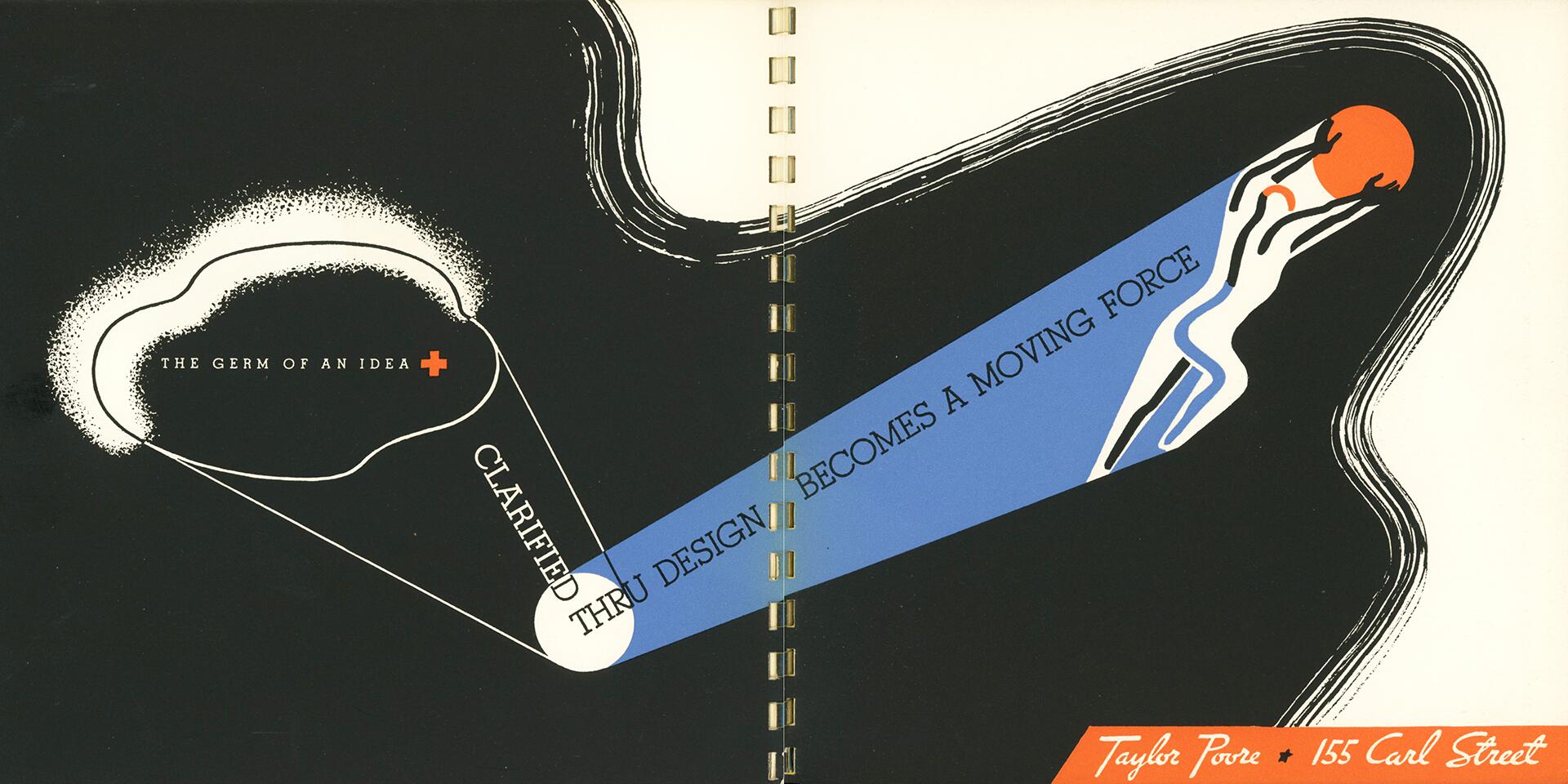 Abstract graphic of a stylized figure reaching for an orange circle, with a blue arrow pointing from a white cloud shape. Text elements emphasize the transformation of ideas into action.