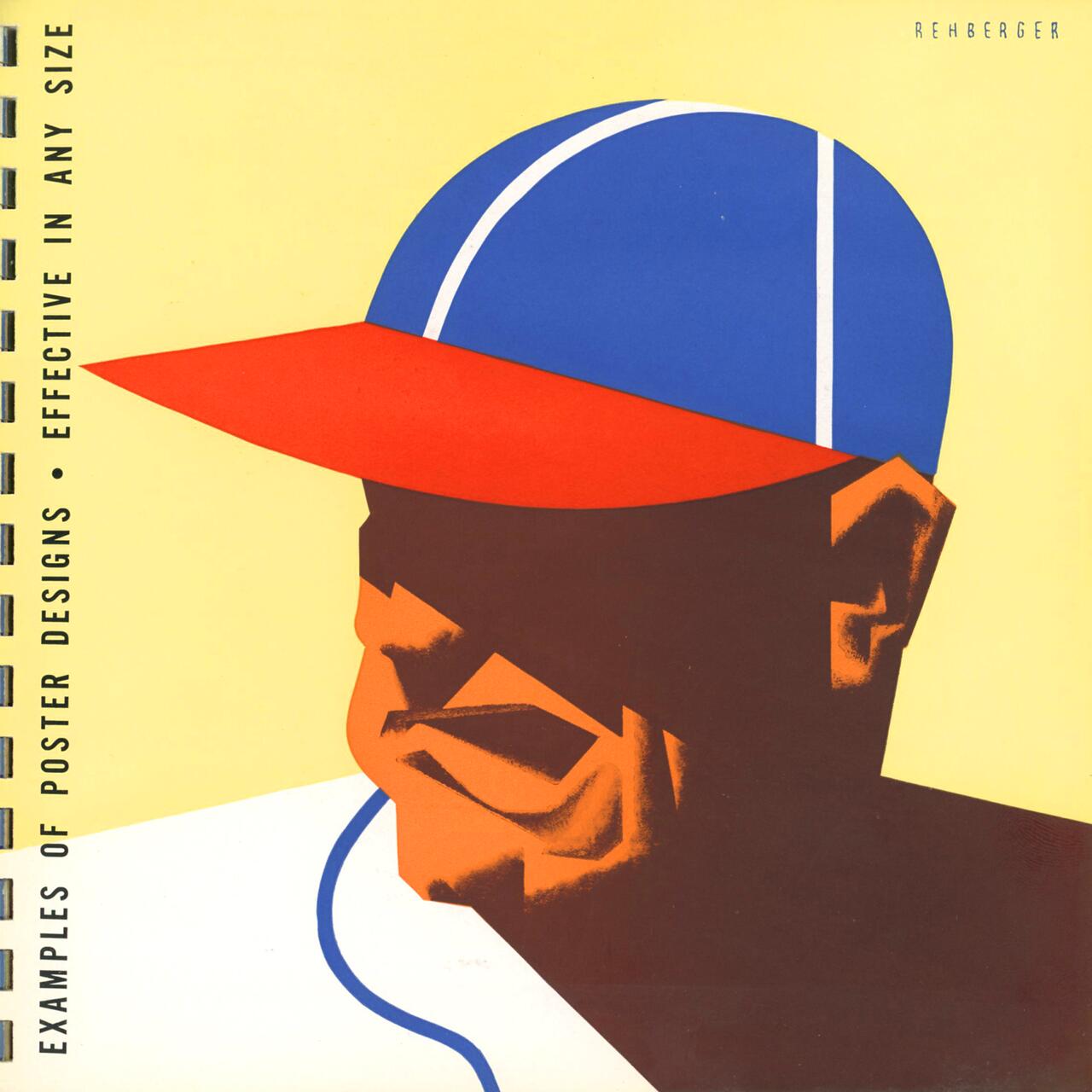 Abstract graphic design of a man in profile wearing a blue and red cap. The illustration uses bold, flat colors and geometric shapes. Light yellow background with text stating "Examples of Poster Designs - Effective in Any Size" on the left.