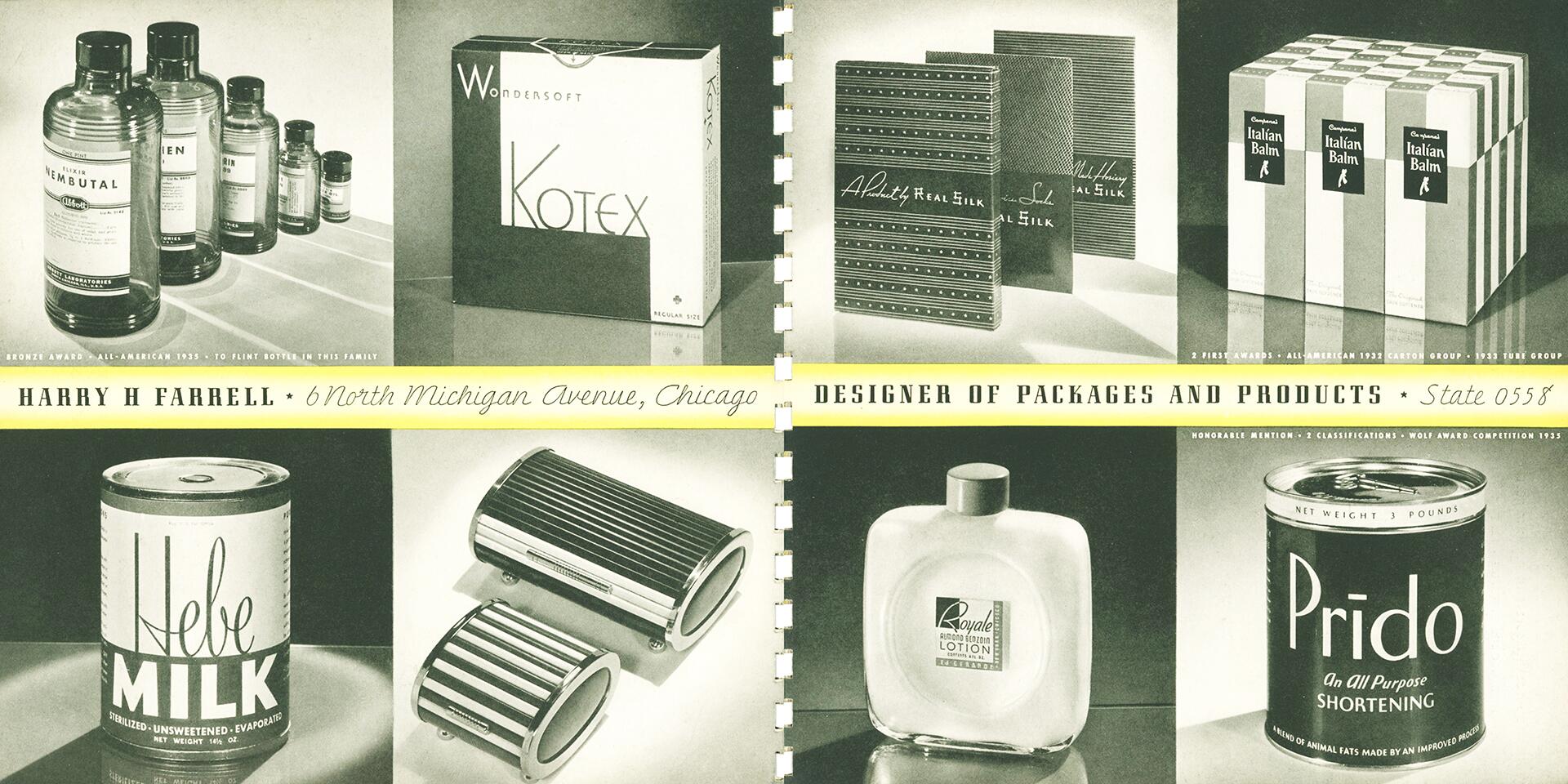 A collage of vintage product packaging designs, including bottles, boxes, and cans, for items like Nembutal, Kotex, Real Silk, Italian Balm, Hebe Milk, Royale Lotion, and Prido shortening.