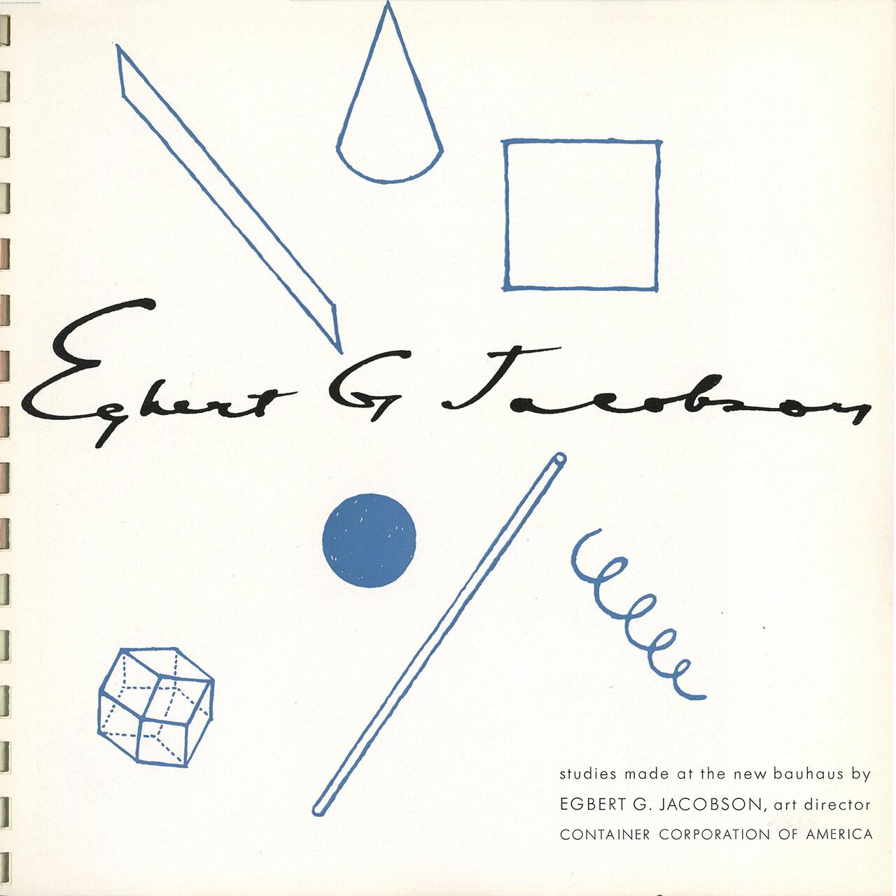 Geometric shapes and Egbert G. Jacobson's signature on a white background, in blue and black, with text about studies made at the New Bauhaus.