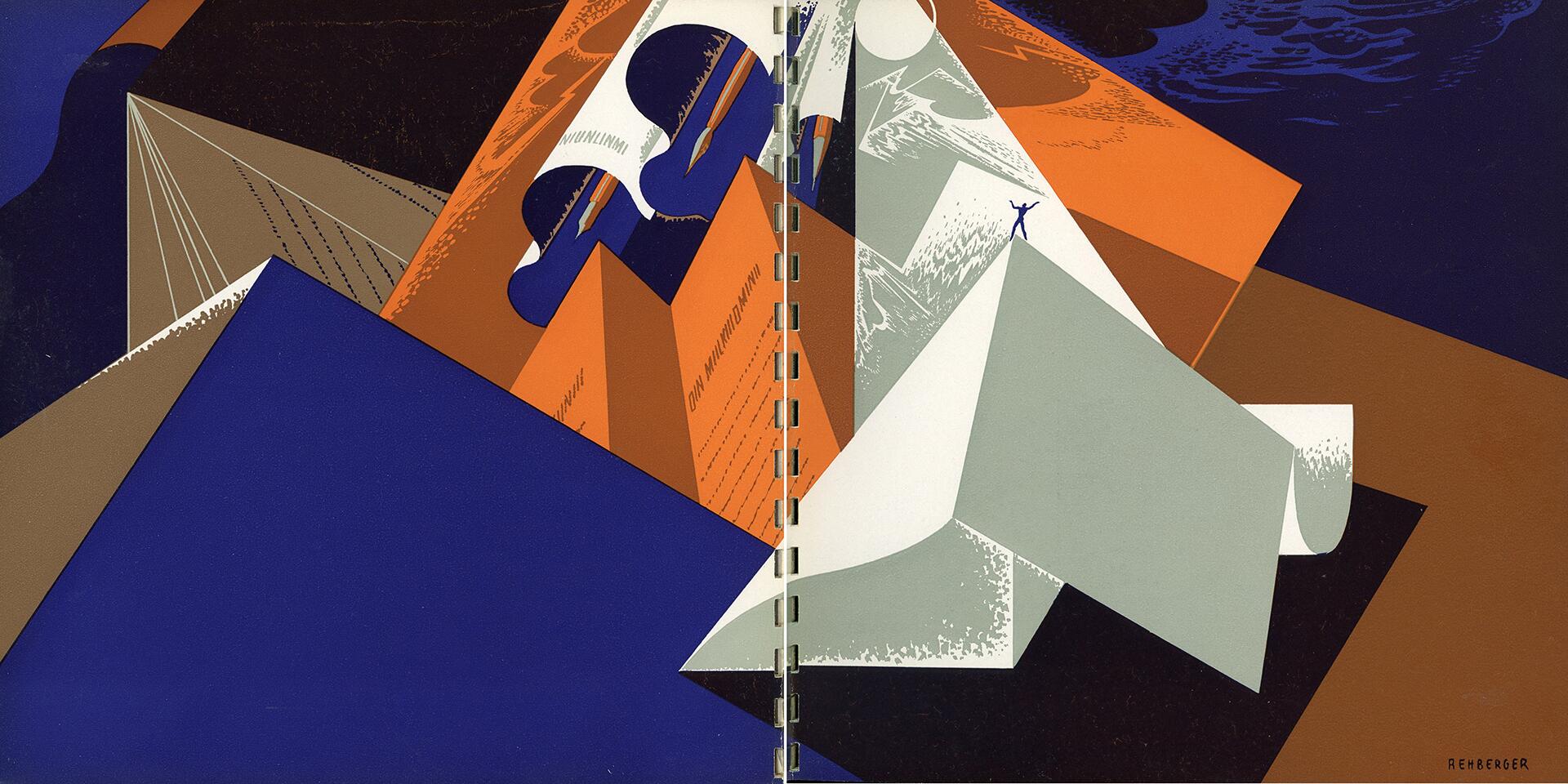 Abstract illustration with geometric shapes and bold colors, featuring a small silhouette of a person standing triumphantly atop angular mountain-like structures in blue, orange, and grey tones.