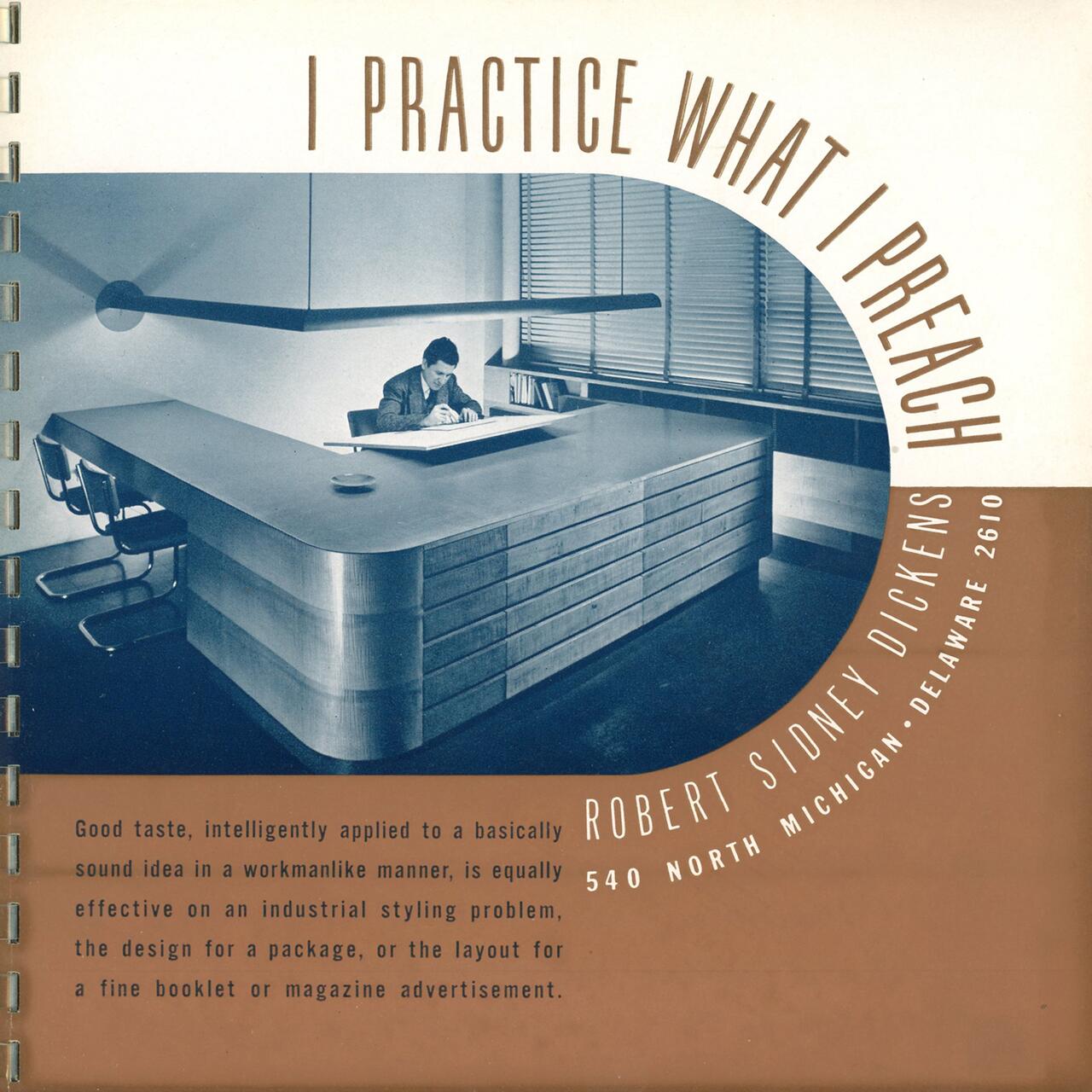 A sepia-toned promotional graphic shows a man working at a large, modern desk with sleek lines and a suspended light fixture. Text on the image promotes design services, emphasizing good taste and effective styling.