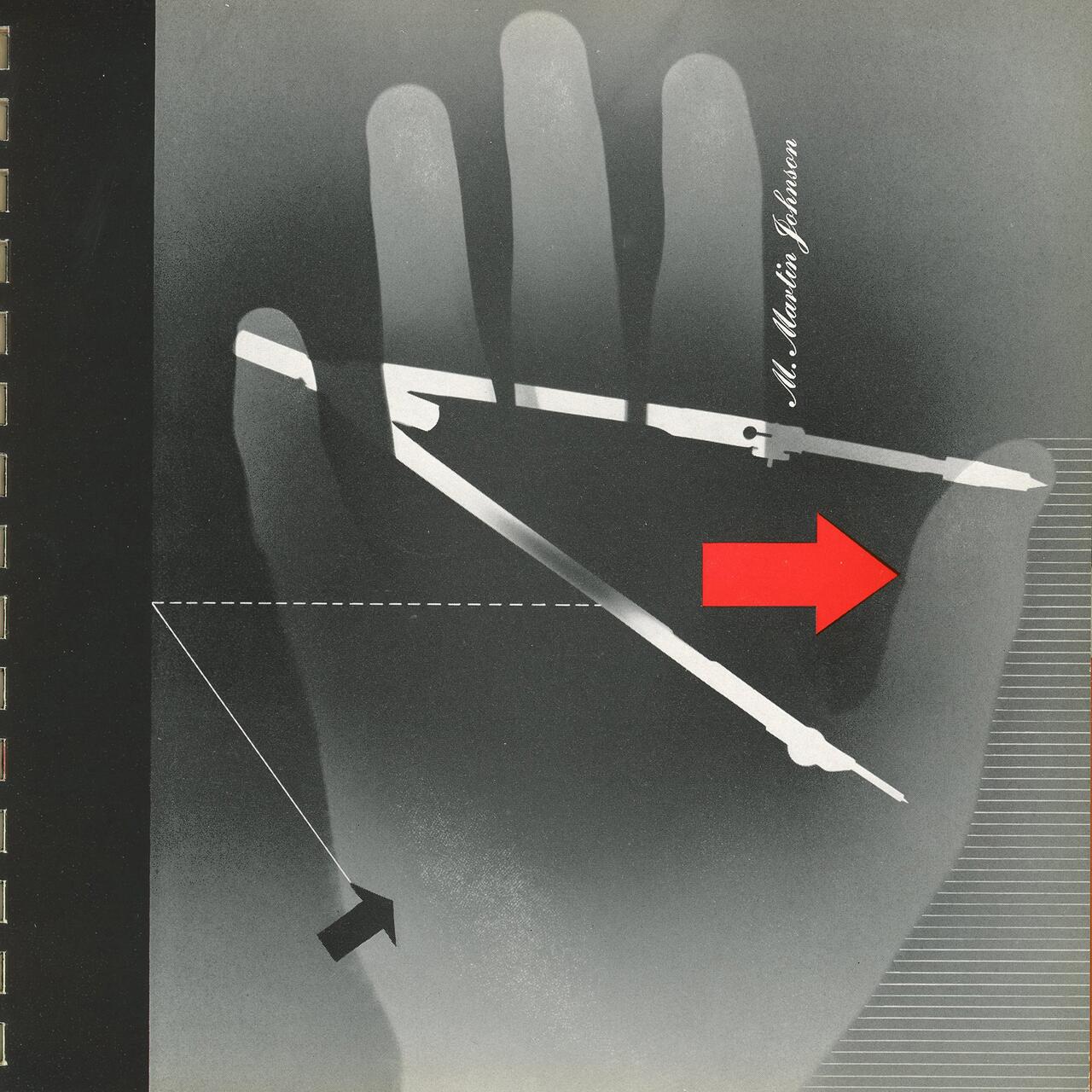 A grayscale graphic featuring the silhouette of a hand overlaid with geometric lines and shapes. A large red arrow points towards the thumb, creating a modern, abstract composition.