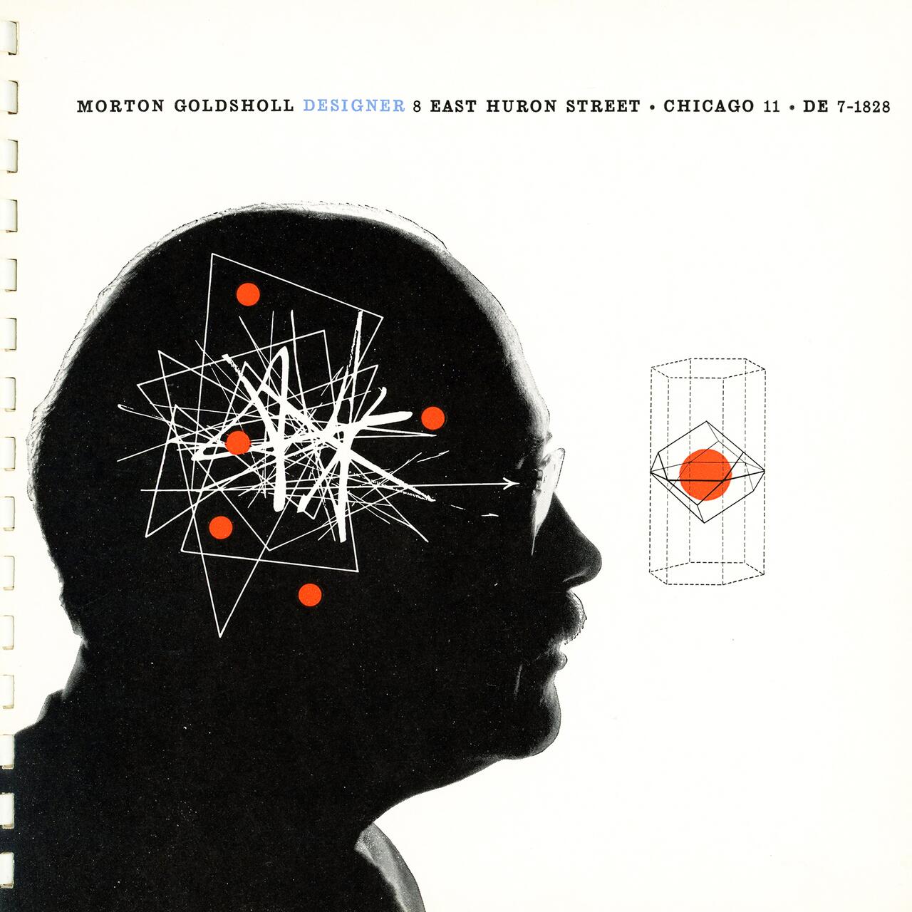 Silhouette of a man's profile with abstract white lines and red dots around his head. To the right, a geometric shape with a red circle inside. Black and white color scheme with red accents.