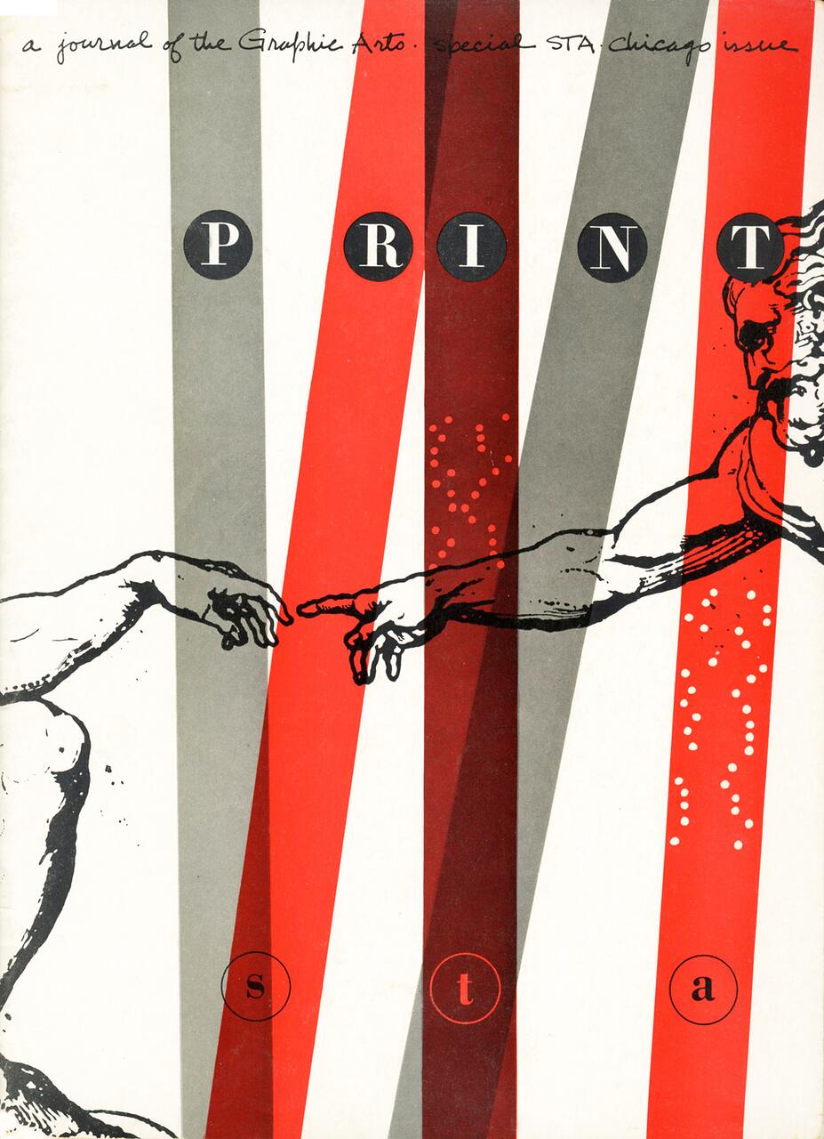 Two hands reaching toward each other, reminiscent of Michelangelo's "Creation of Adam," overlaid on red, gray, and white vertical stripes. Black circles contain the letters "P R I N T S T A."