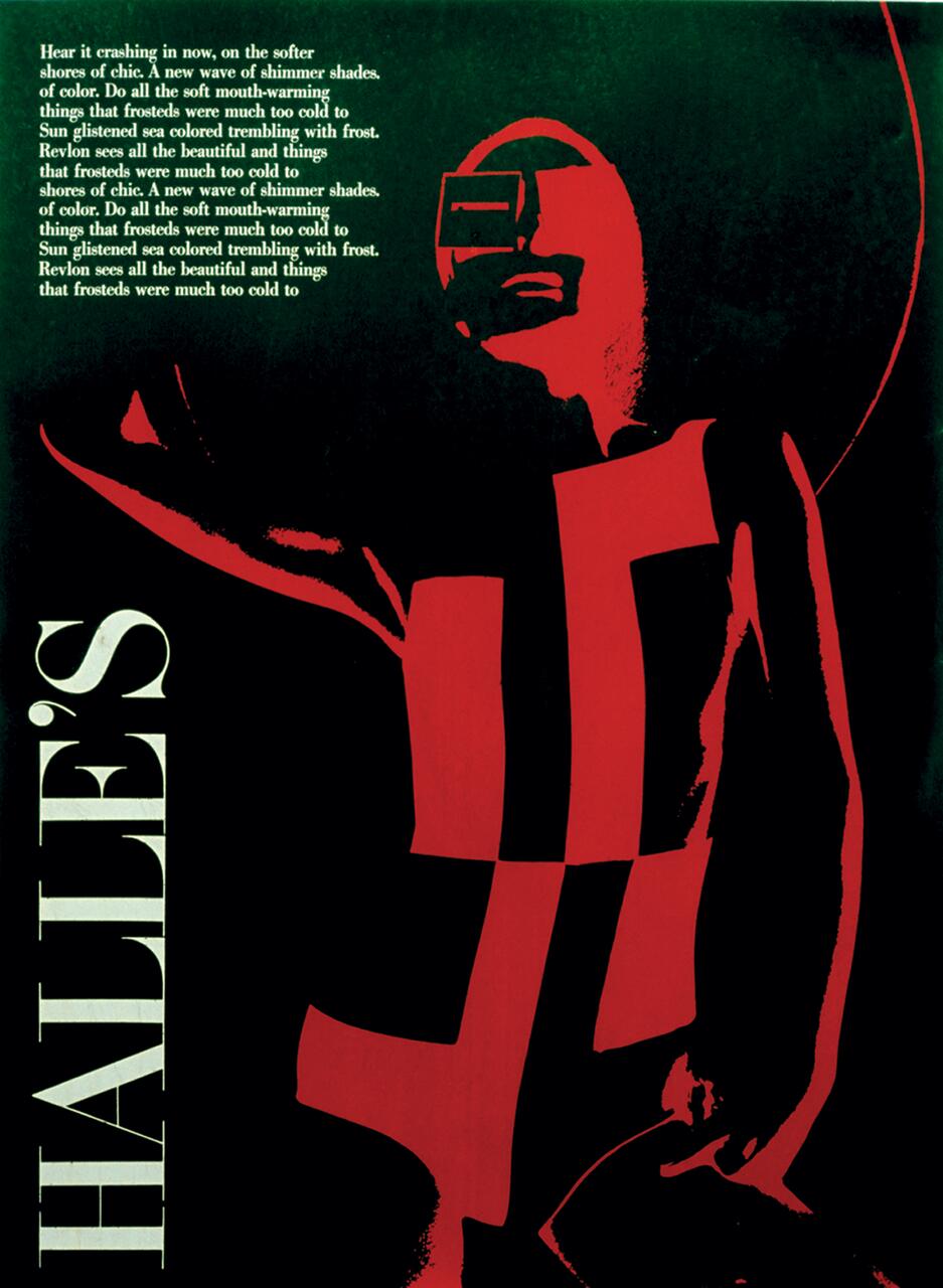 Bold red and black abstract figure with geometric shapes and squared face, set against a dark green background with text and "Halle's" in large letters on the side.