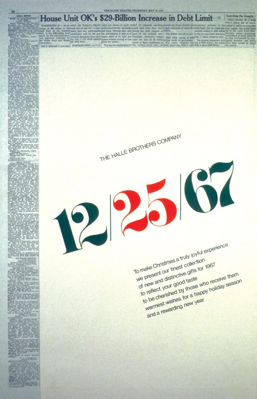 Newspaper clipping featuring an advertisement from The Halle Brothers Company with large, colorful numbers "12 25 67" and a message about Christmas gifts for 1967, set against the backdrop of a news article on a debt limit increase.