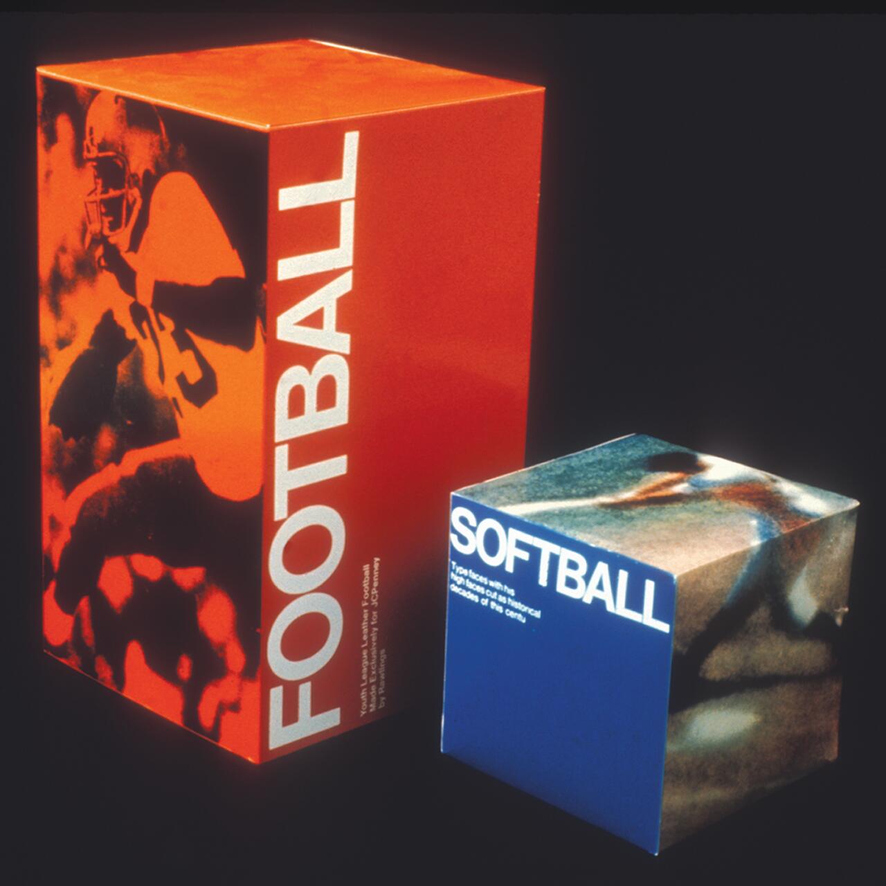 Red rectangular box labeled "Football" with an image of a player, next to a smaller blue cube labeled "Softball" with a blurred close-up design, set against a dark background.