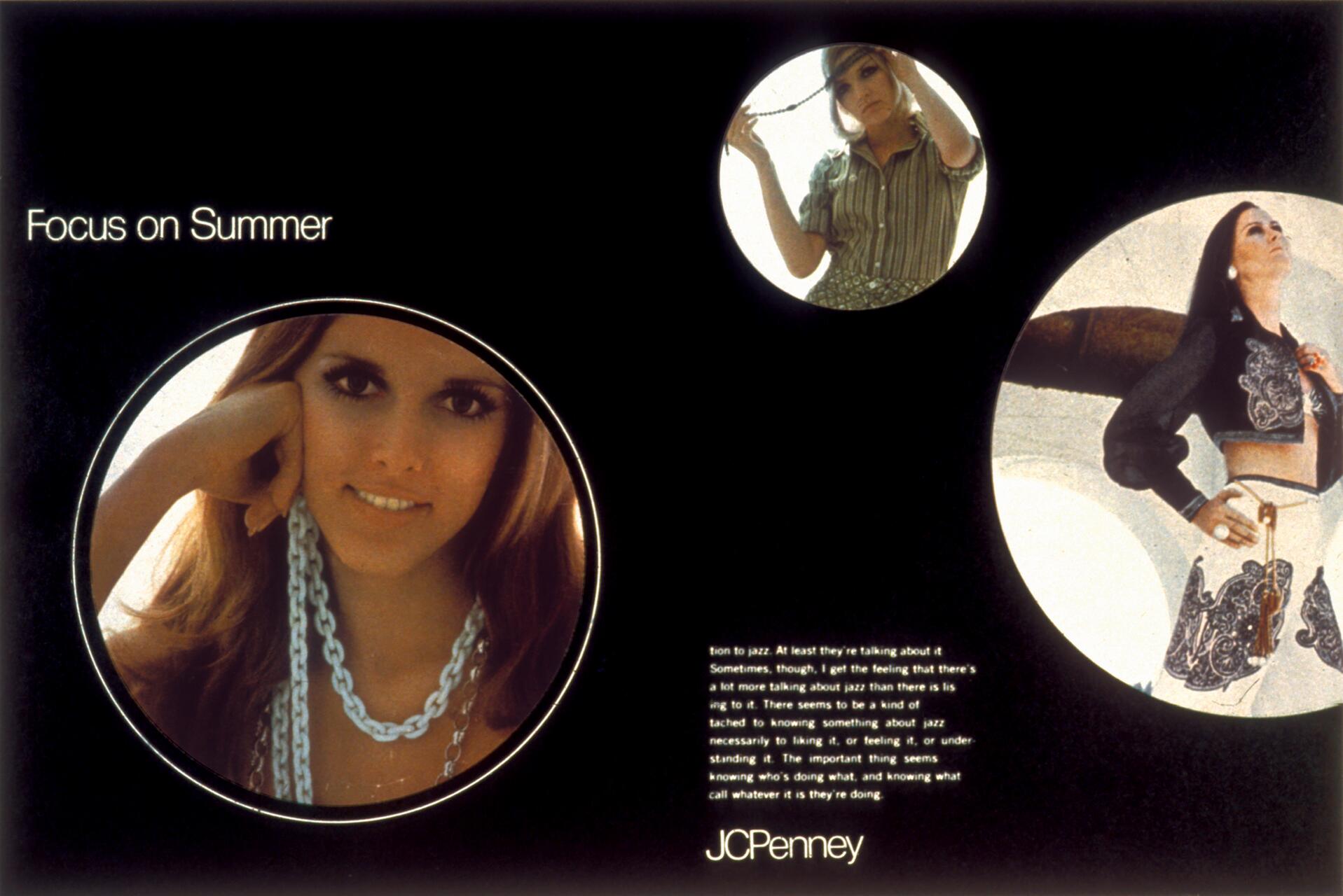 Retro JCPenney advertisement featuring three circular photos of women in summer fashion against a black background, with the text "Focus on Summer."