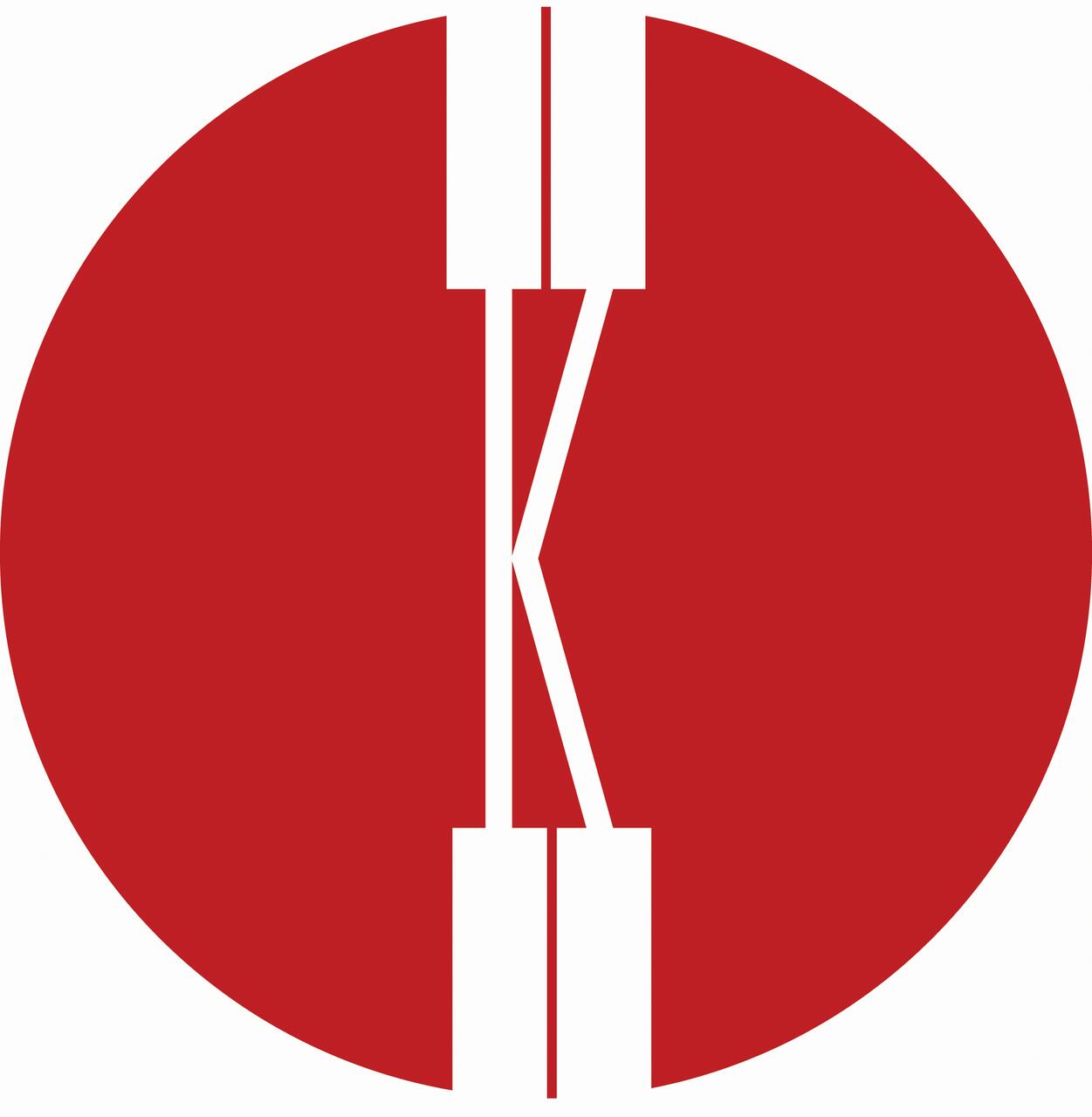 Red circle with a stylized white letter "K" in the center, intersected by a vertical white line, forming a symmetrical graphic design.