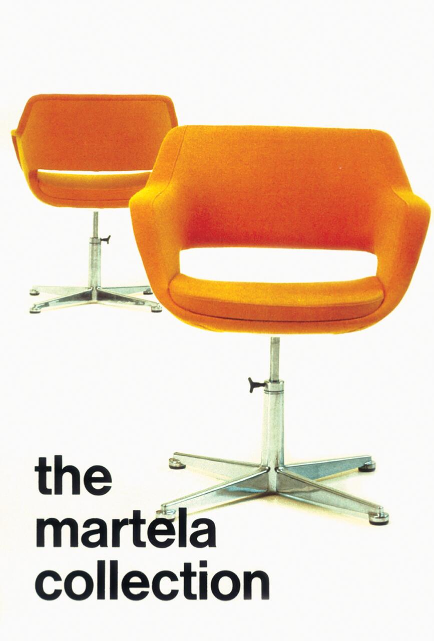 Two orange swivel chairs with metal bases, featured prominently against a white background.