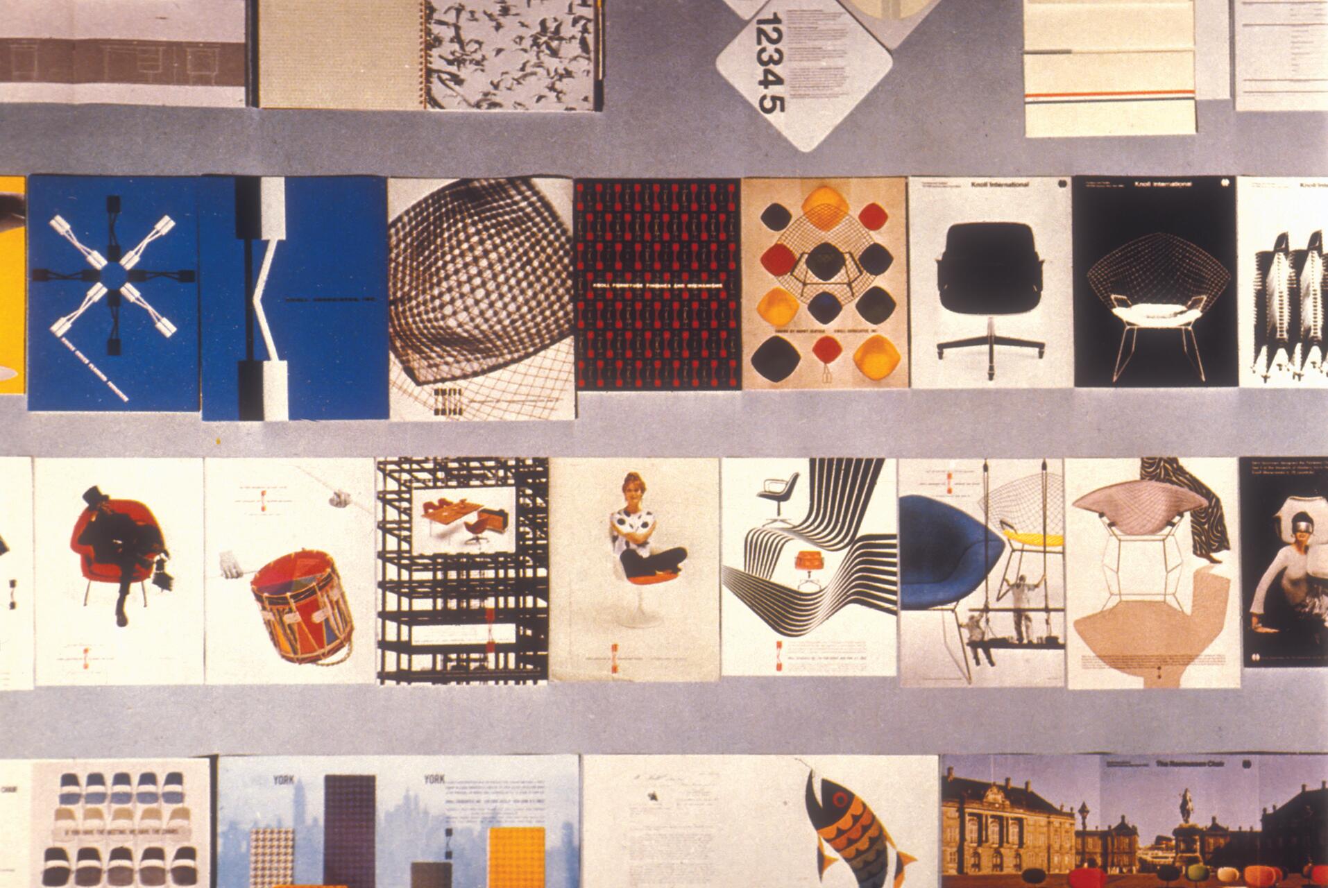 A collage of various colorful posters and brochures featuring chairs, geometric patterns, and abstract designs displayed on a wall.