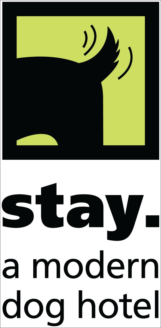 Black silhouette of a dog's tail wagging inside a green square, with the text "stay. a modern dog hotel" below it.