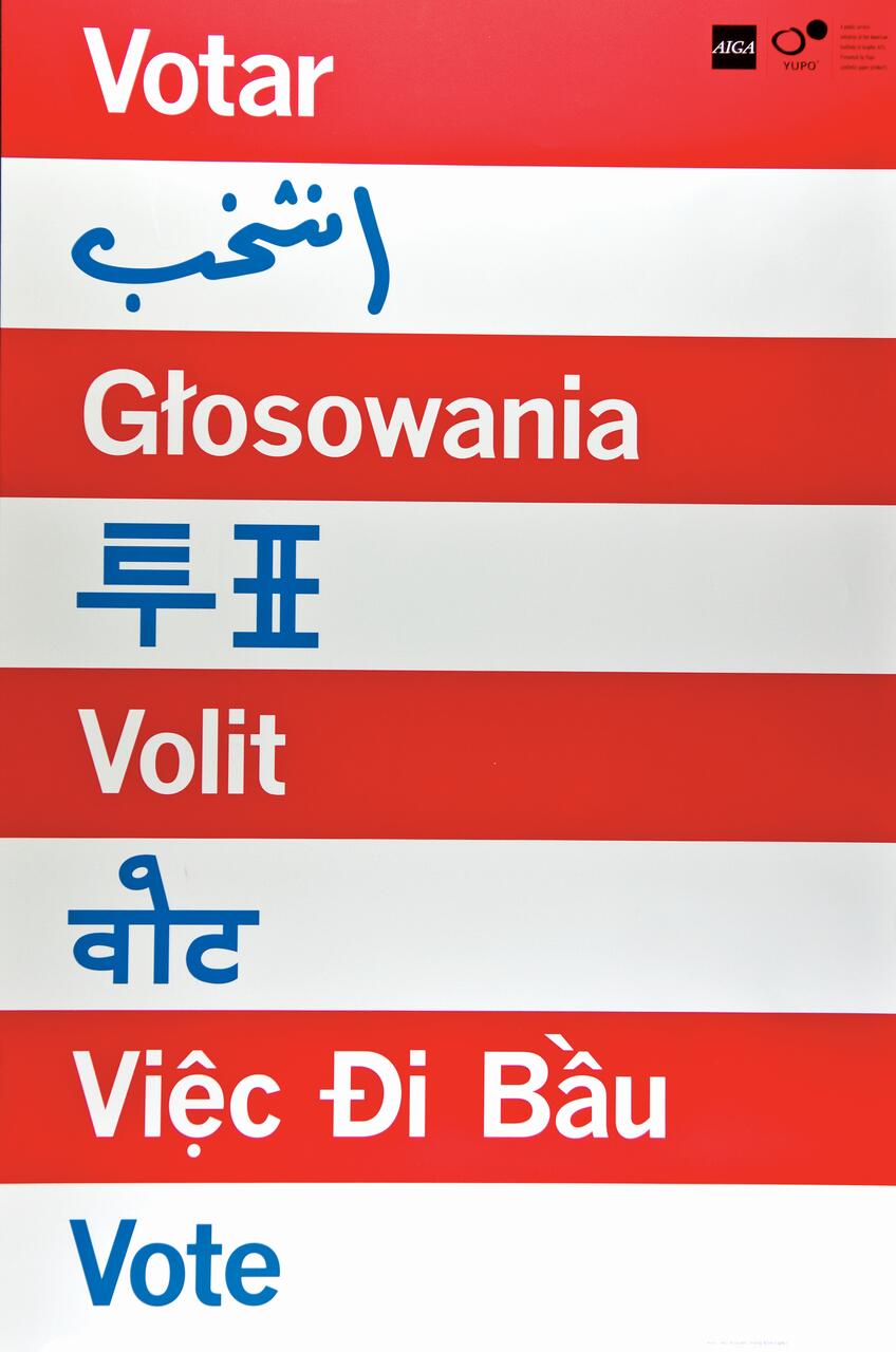 Alternating red and white horizontal stripes with the word "Vote" in multiple languages including Spanish, Arabic, Polish, Korean, Czech, Hindi, Vietnamese, and English. Logos at the top right corner.