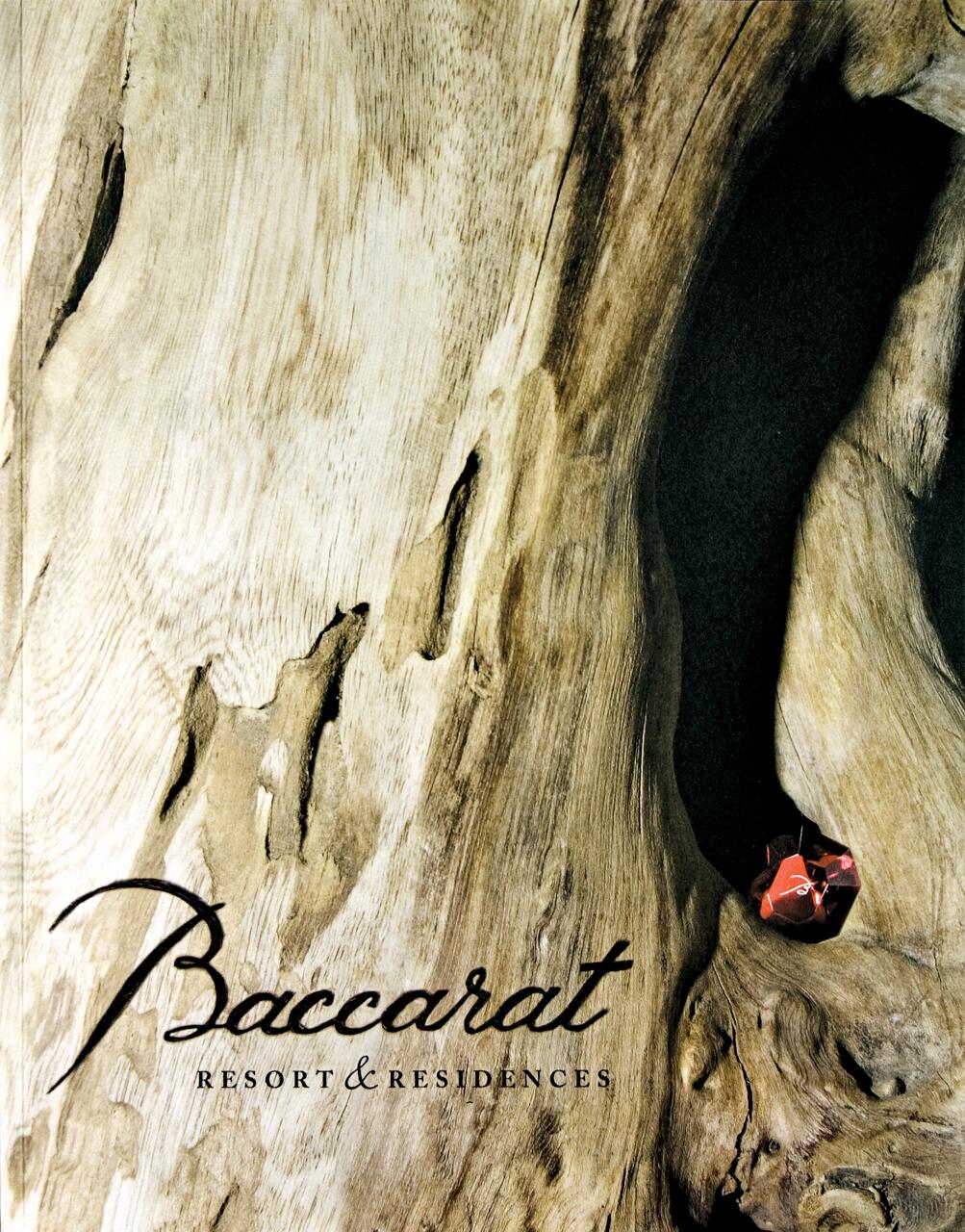 Textured wooden surface with the logo for "Baccarat Resort & Residences." A red faceted crystal decorates the right side.