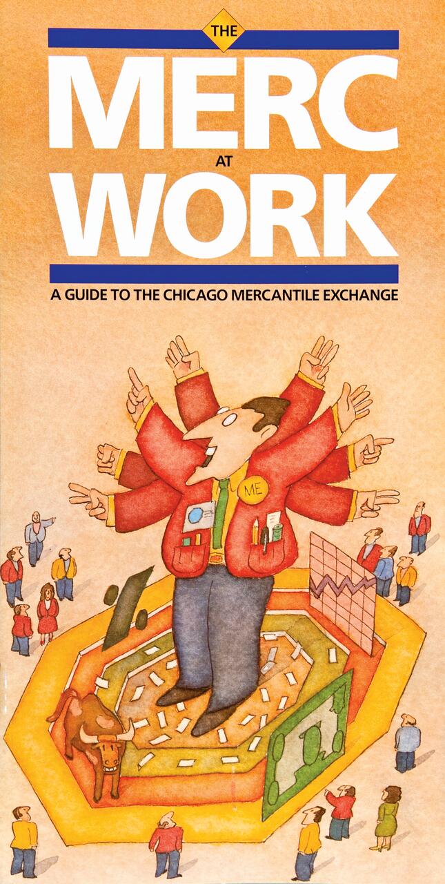 An illustrated trader in a red jacket with multiple arms stands in a busy exchange, surrounded by small figures and trading equipment. The setting is colorful and dynamic.