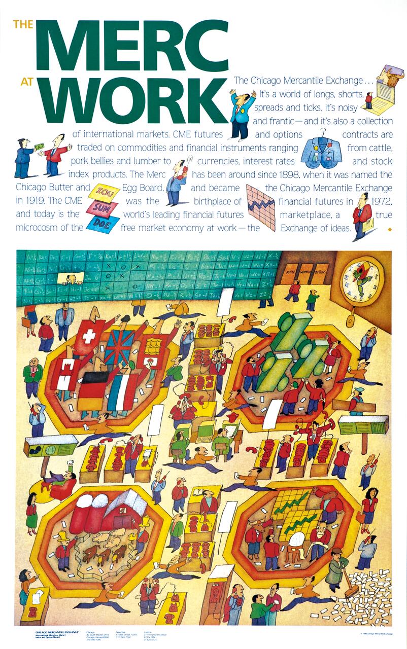 Illustrated poster titled "The Merc at Work" featuring a lively trading floor scene with traders, flags, charts, and financial symbols, representing the Chicago Mercantile Exchange.
