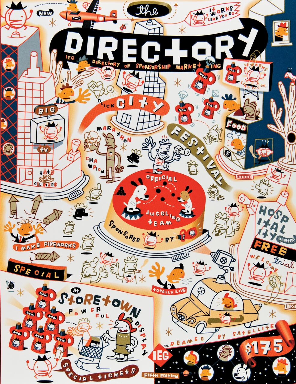 Colorful, cartoon-style poster featuring playful illustrations of a cityscape with characters engaging in various activities like juggling and shopping. Includes whimsical elements like rockets and buildings with vibrant colors, primarily red, orange, and blue.