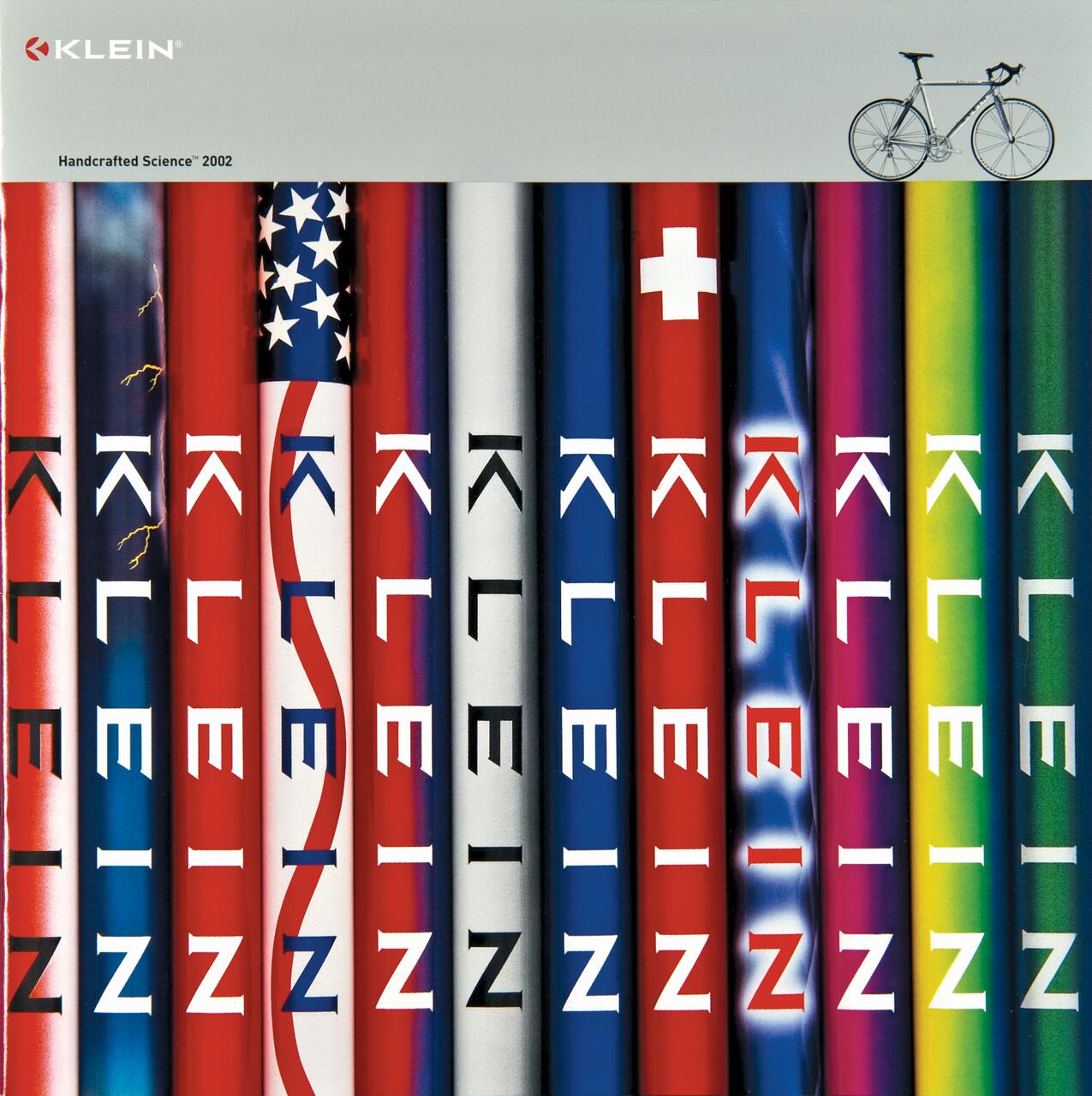 Colorful bicycle frames arranged vertically with various designs, including an American flag and a Swiss flag motif, with "KLEIN" written on each. A small bicycle graphic appears at the top right, and a gray background with the Klein logo at the top left.
