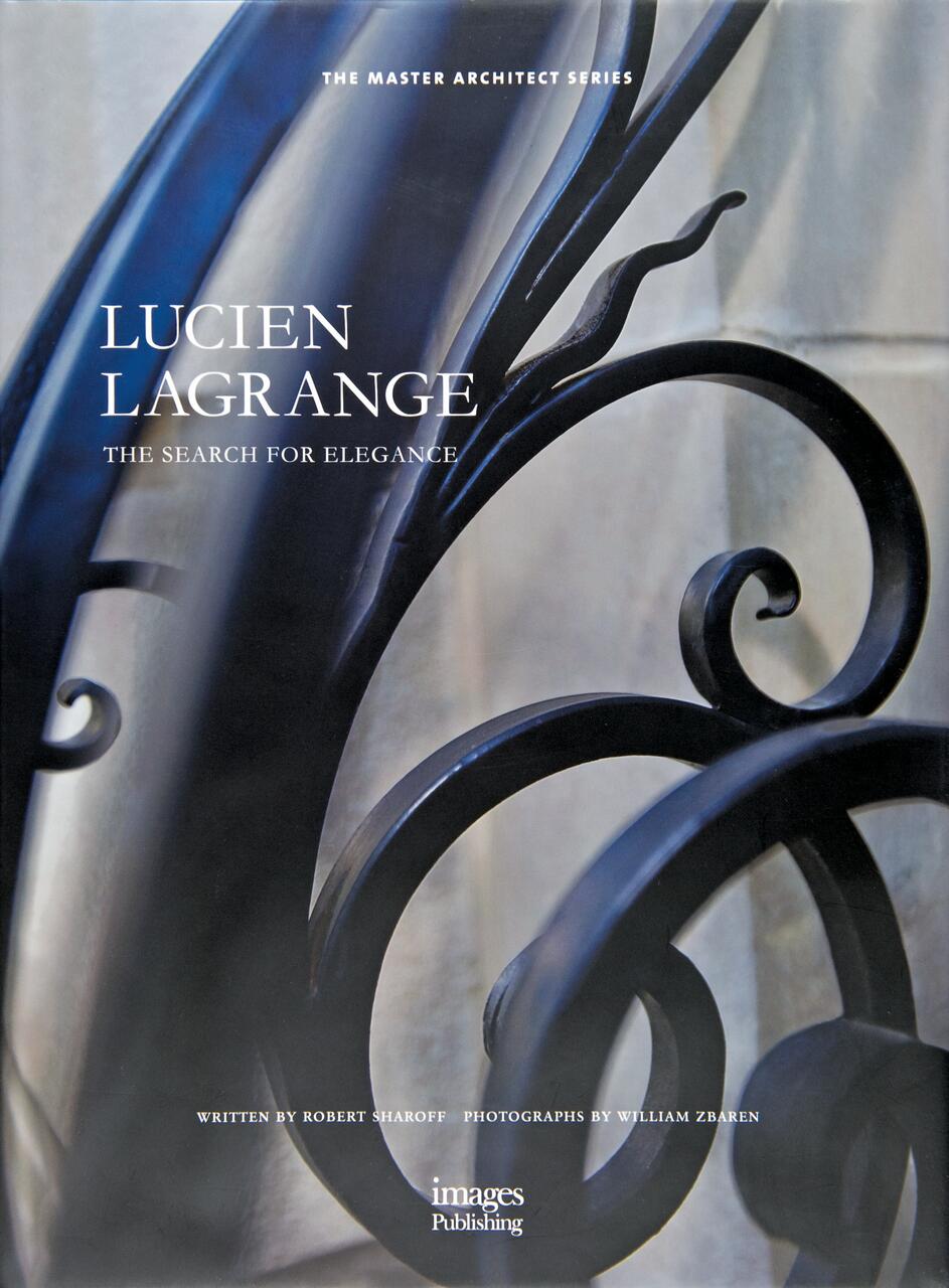 Decorative wrought iron design with a focus on elegant curves, set against a muted background. Text elements are present, detailing a book cover about Lucien Lagrange's architectural work.
