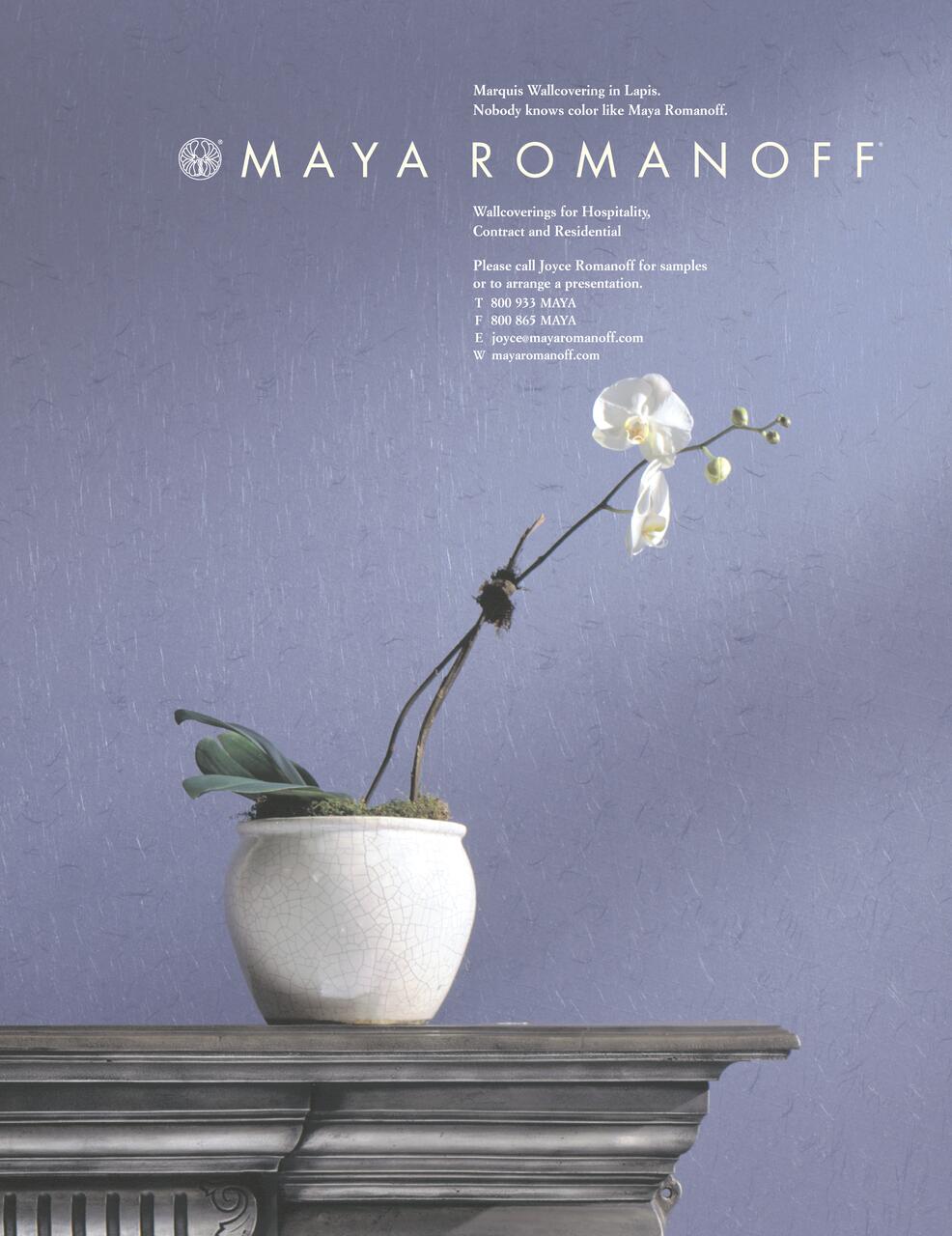 A white orchid in a textured pot sits on a wooden mantel against a blue wall. The wallpaper has a subtle, textured design.