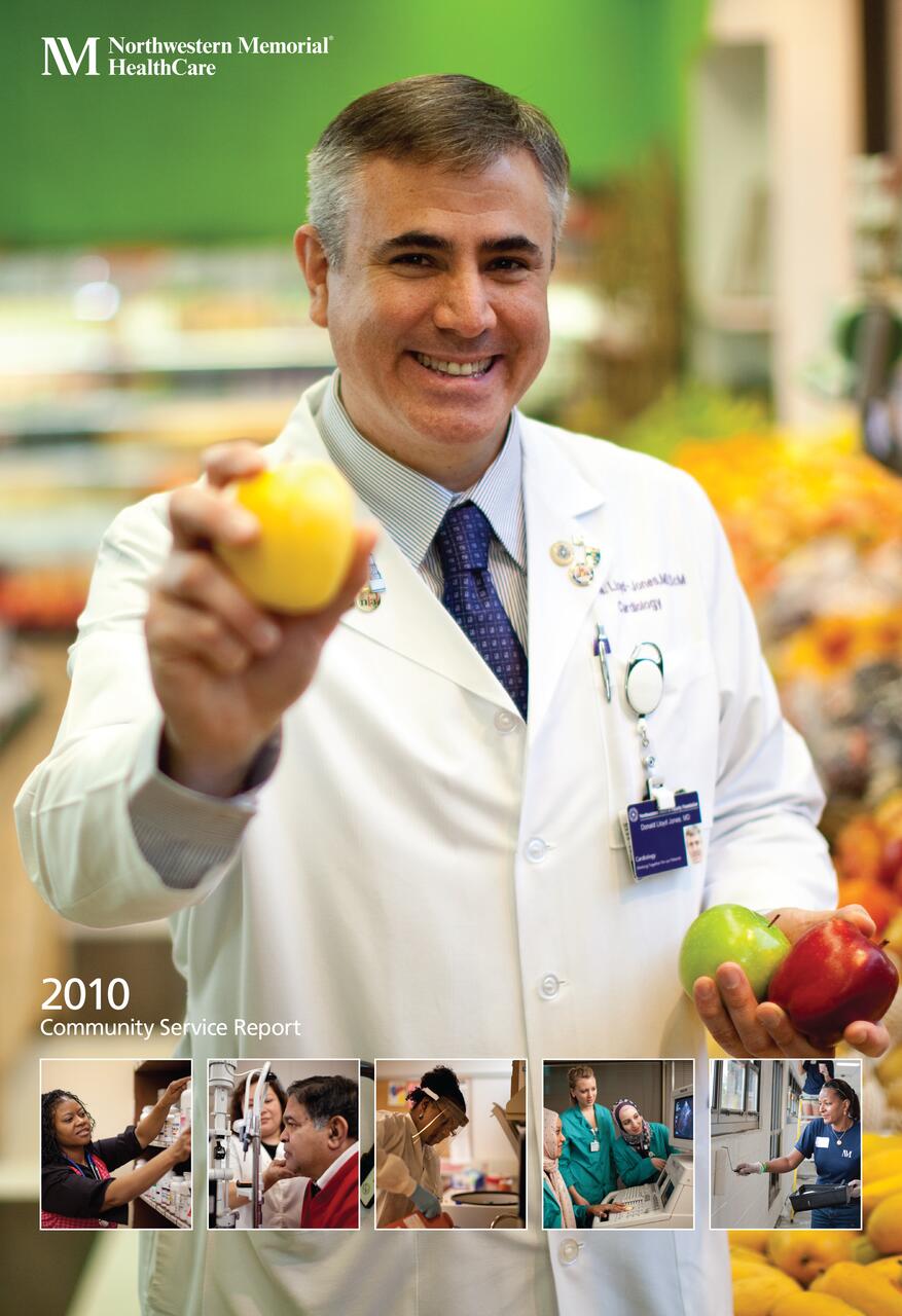 Smiling man in a white lab coat holding a lemon, green apple, and red apple in a brightly lit market. Background includes shelves of produce. Below are smaller photos of diverse healthcare professionals engaging with patients. Northwestern Memorial HealthCare logo at the top.