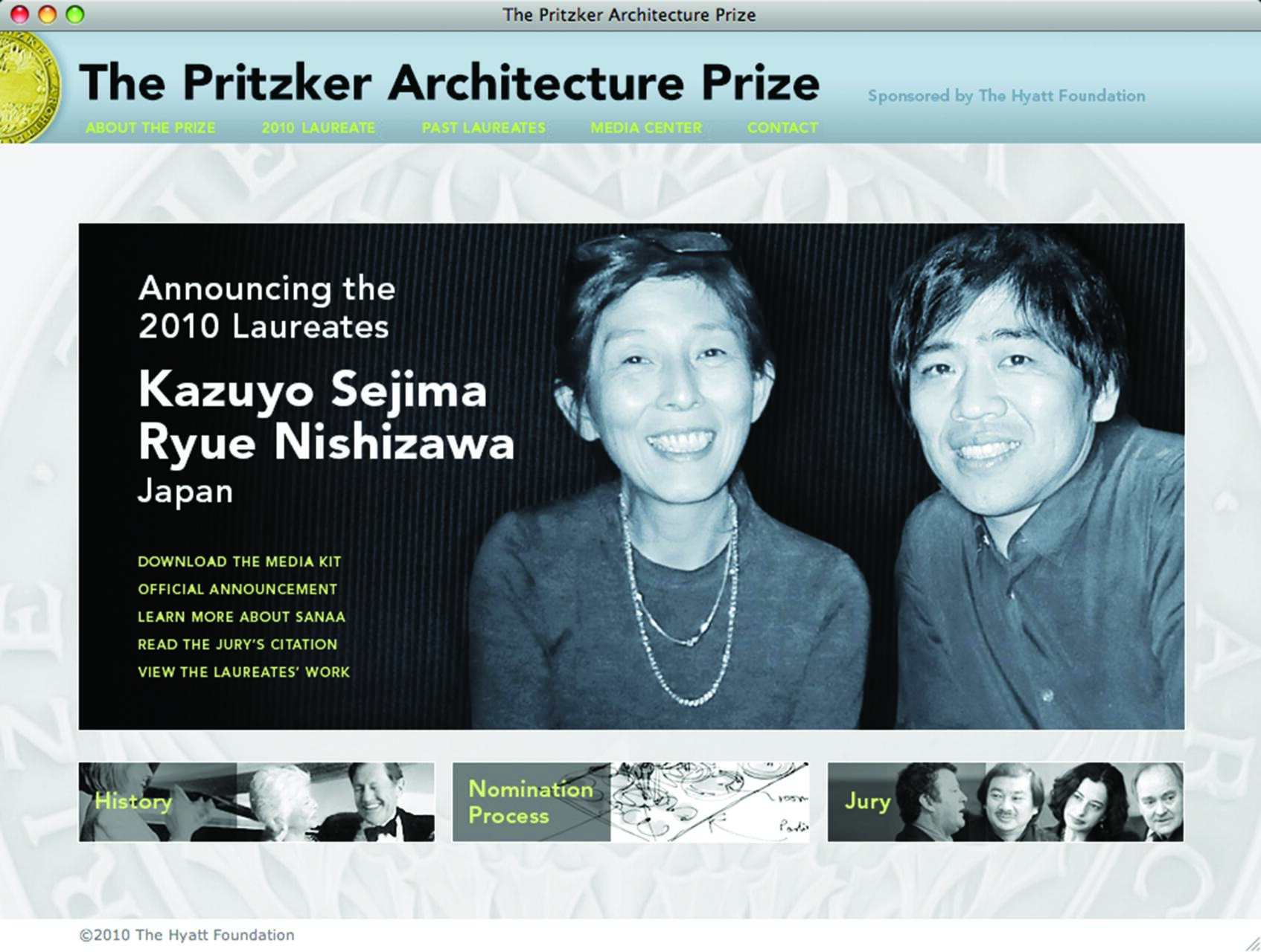 Website homepage of The Pritzker Architecture Prize, featuring black-and-white portraits of 2010 laureates Kazuyo Sejima and Ryue Nishizawa smiling, with navigation links to sections like media kit and jury.