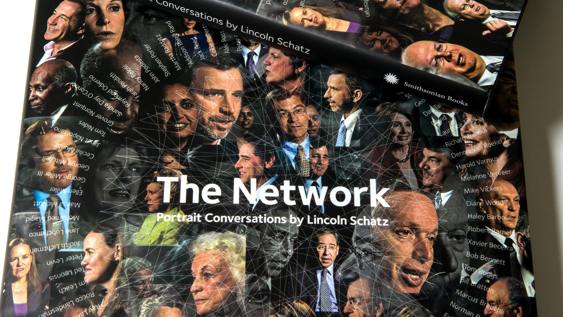 Collage of various portraits overlapping, featuring diverse individuals in formal attire, with the book title "The Network: Portrait Conversations by Lincoln Schatz" in white text overlaid.