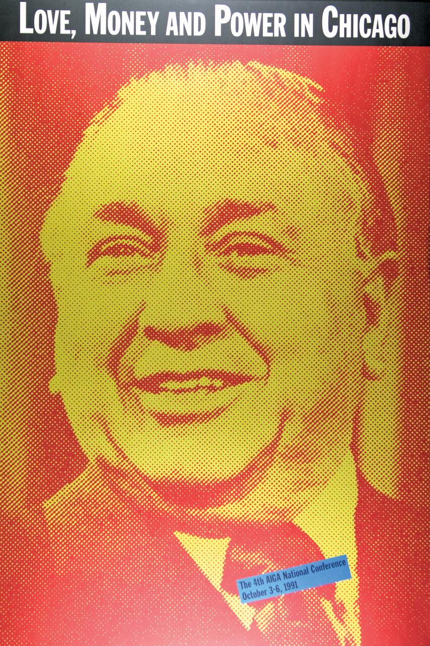 Pop art-style graphic of a smiling man's face in red and yellow tones, promoting the AIGA National Conference.
