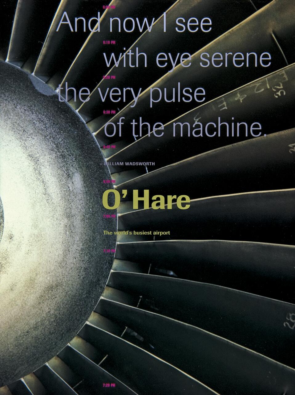 Close-up of a turbine engine with text overlay featuring a quote by William Wadsworth and the name "O'Hare," described as the world's busiest airport.