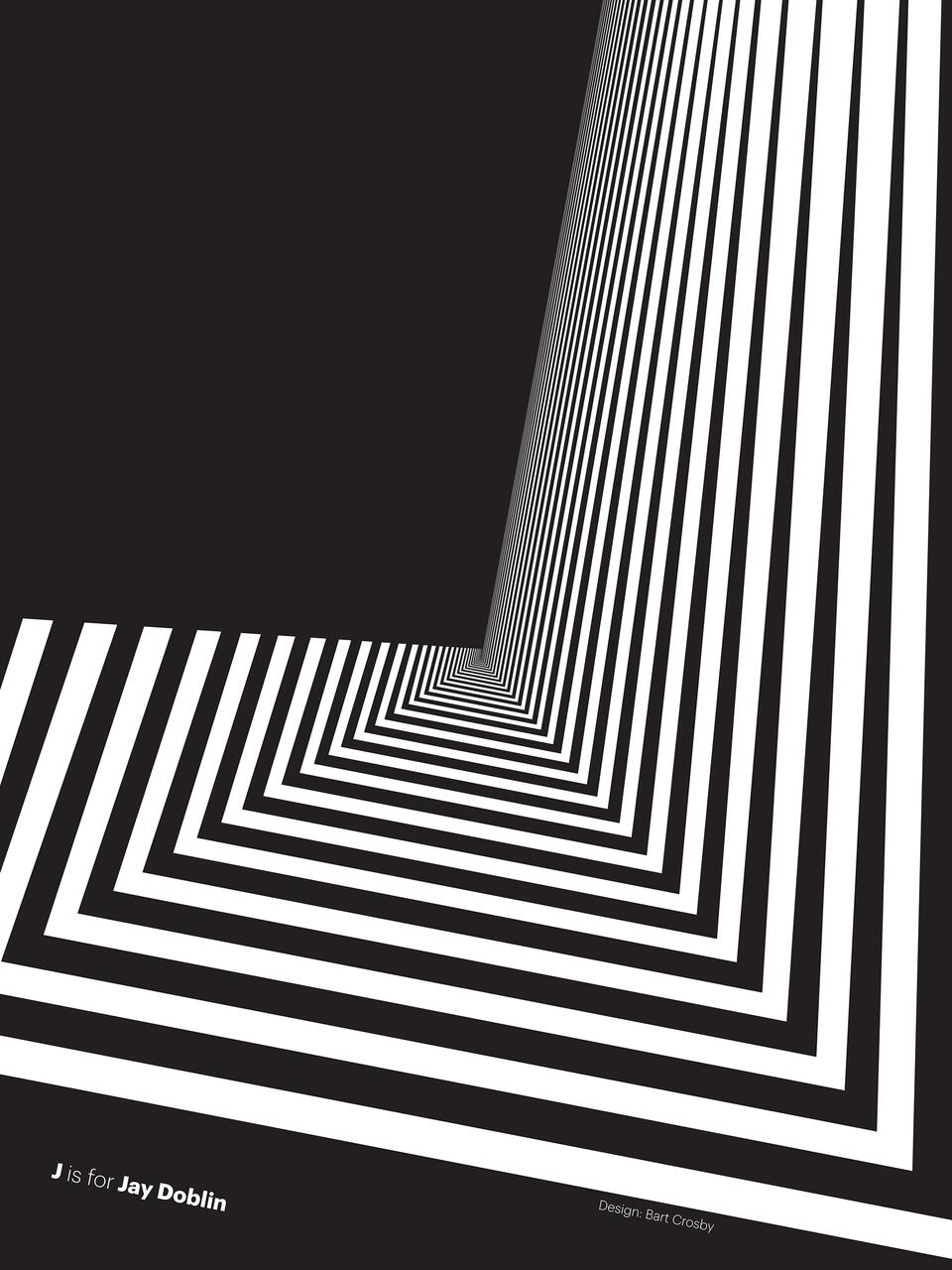 Black and white geometric graphic with converging lines creating a 3D tunnel effect, resembling an abstract optical illusion. Bold lines radiate from the center, forming a perspectival grid pattern.