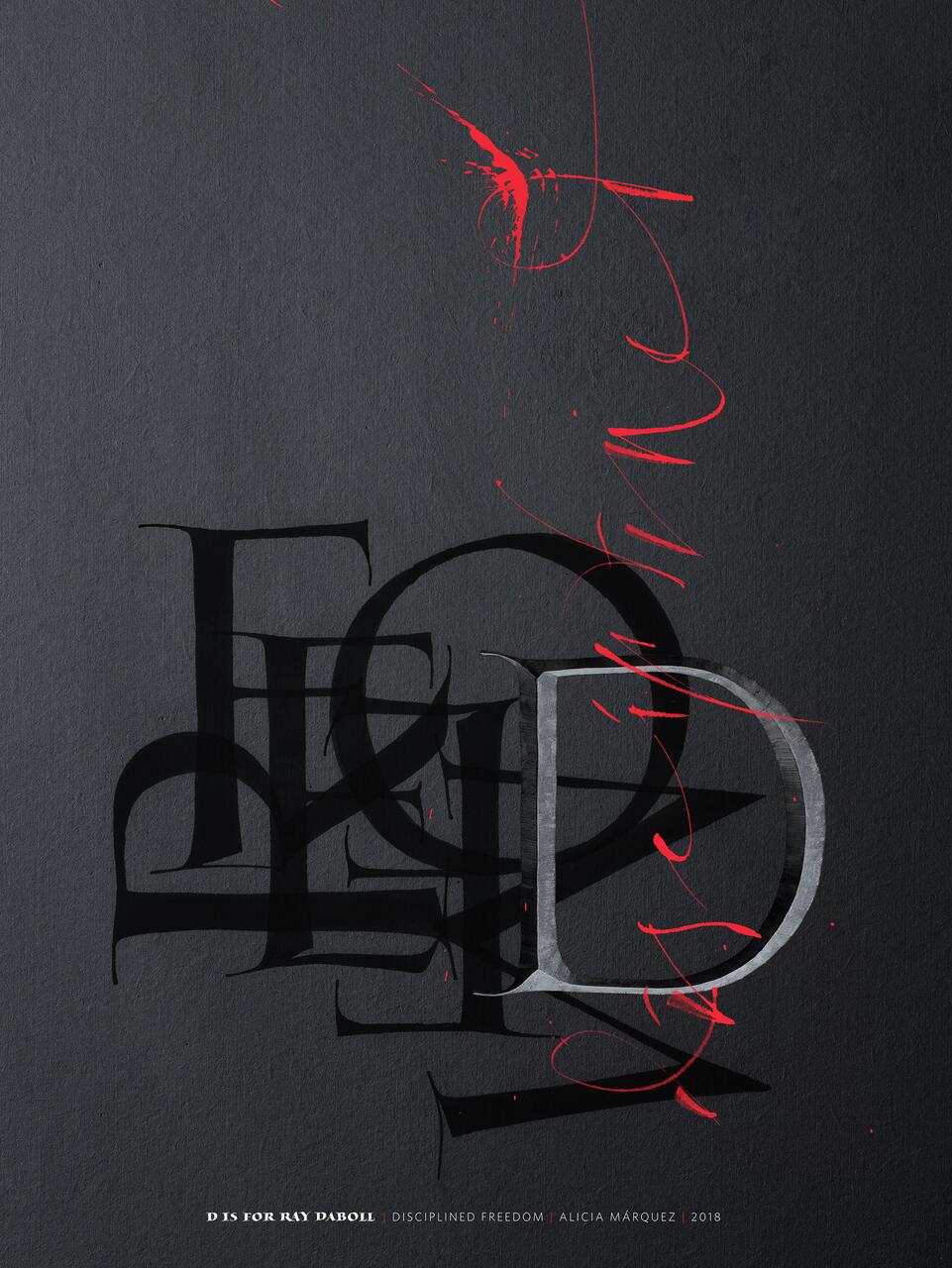 Stylized letter "D" in black and gray with red paint splatters and swirls on a dark background. Bold, artistic design with an elegant, gothic feel.