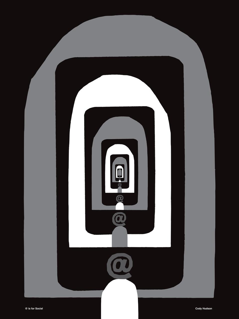 A graphic of a repeating tunnel with the "@" symbol, creating a receding effect in black, white, and gray tones.